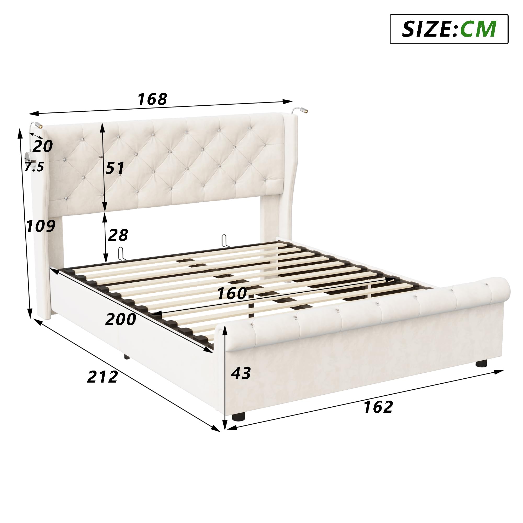 Cama de 160 x 200 cm con somier, cama tapizada con USB y 2 lámparas de lectura de cama acolchada con almacenamiento y somier de láminas, camas para adultos con lámpara de noche ajustable, terciopelo