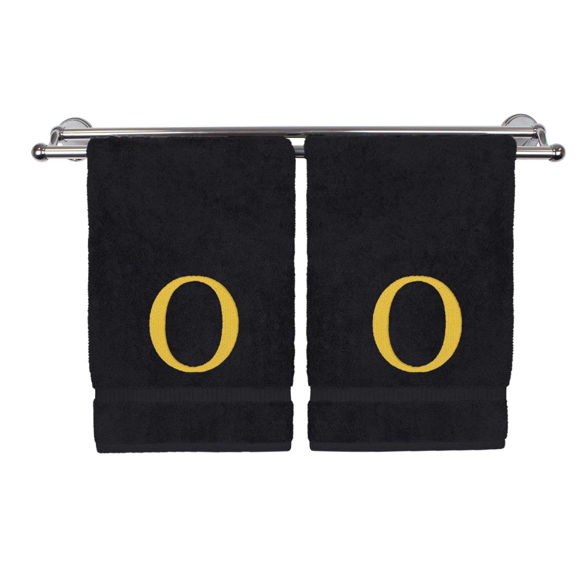 Toalla de mano con monograma, regalo personalizado, juego de 2 toallas bordadas con letras de bloque dorado, extra absorbente, 100% algodón turco, acabado de rizo suave, inicial O negra