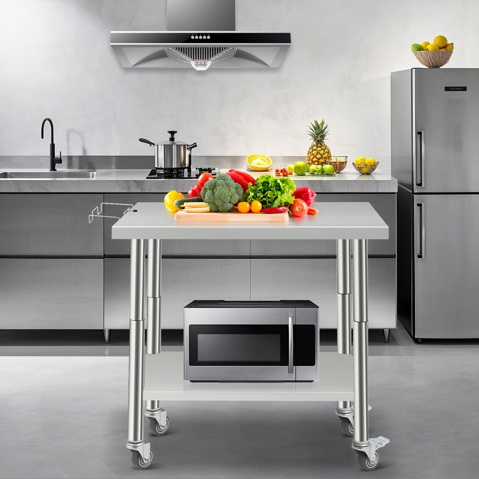 Mesa de preparación de acero inoxidable de 36 x 24 pulgadas, mesas de trabajo comerciales y estaciones de trabajo con soporte extraíble para bolsa de basura, mesa de utilidad de metal con ruedas para