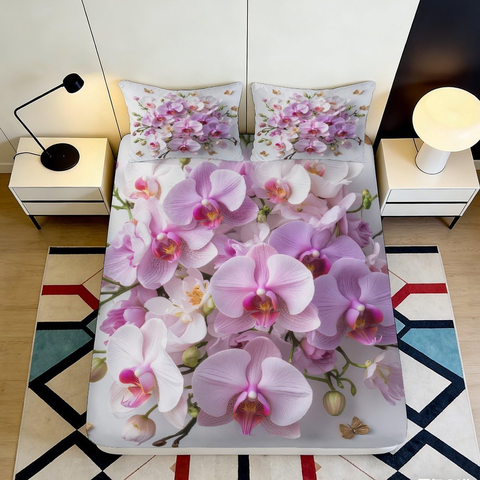 3D Printed Orchid Blossom Fitted Sheet Microfiber Soft Mattress Cover for Bedroom, Dorm, Home Decor, Machine Washable 90x200x25cm