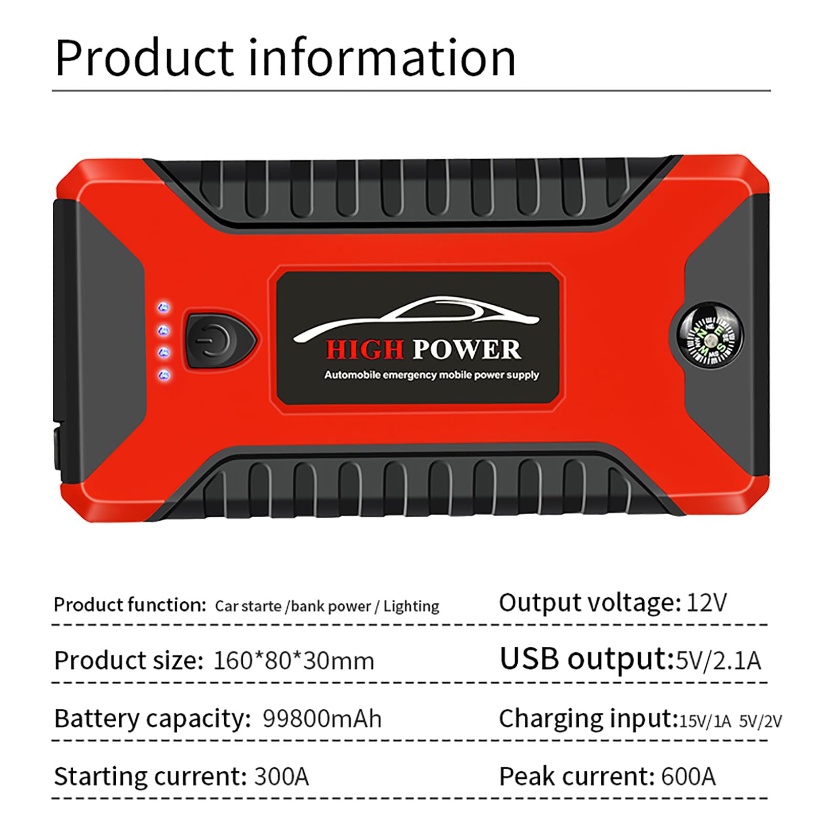 Arrancador de Batería de Coche, Arrancador de Emergencia de Carga Rápida USB, Brújula Portátil con Puertos USB, Elevador de Batería Automático Portátil de 12V