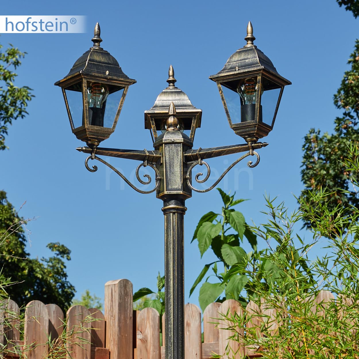 HOFSTEIN Lampa zewnętrzna Naofe, oświetlenie ścieżki z metalu/szkła w kolorze czarno-złotym/brązowym/przezroczystym, kandelabr o antycznym wyglądzie, wysokość maks. 220 cm, oświetlenie ogrodowe IP44,
