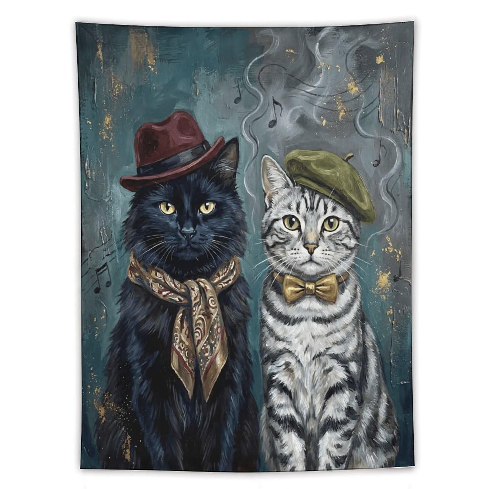 H3B8U2Y5 Vintage Dapper Cat Pair Wall Tapestry, Realistic Illustration