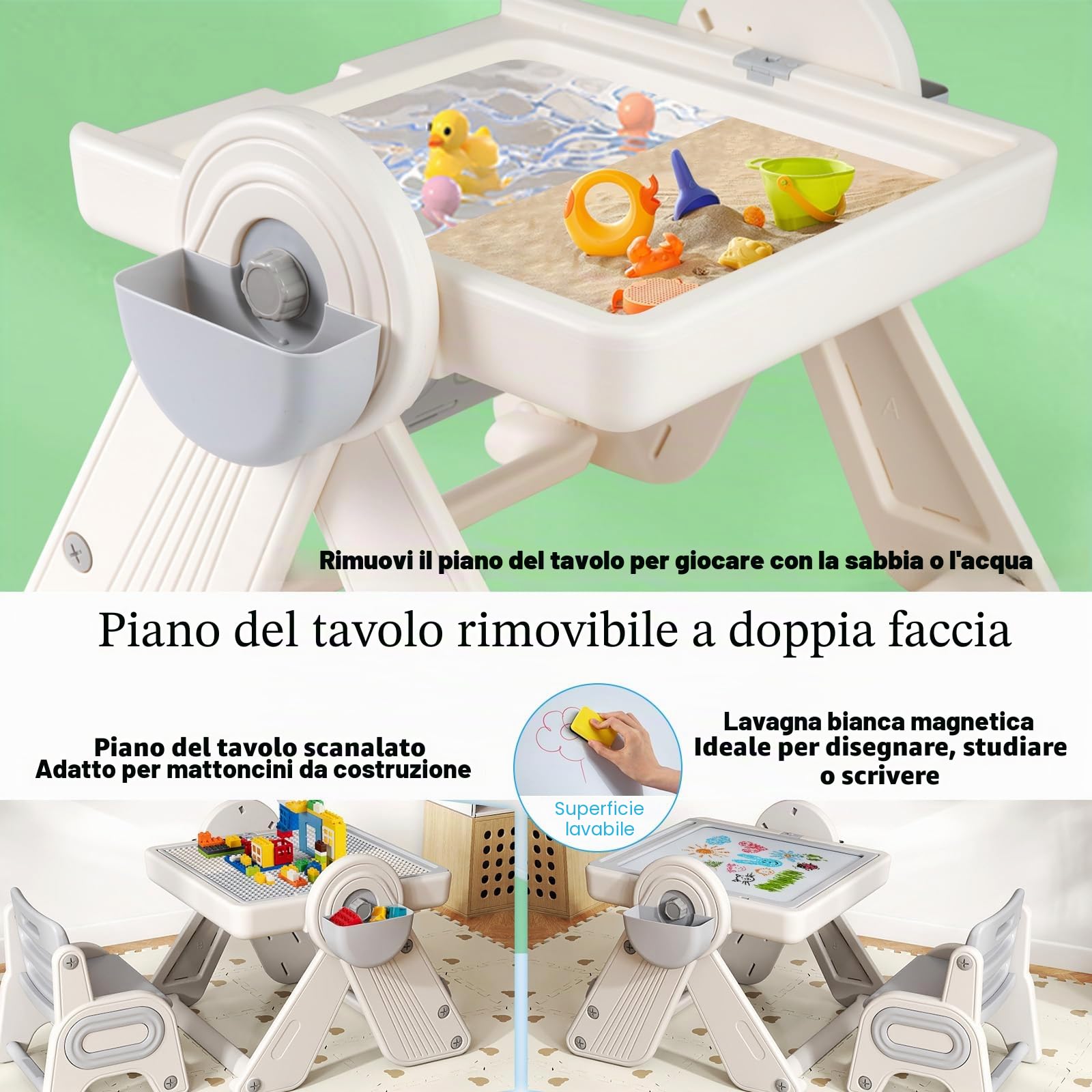 LIFEZEAL Tavolino e Sedia per Bambini 18+Mesi, in Plastica, Tavolo con Lavagna, Libreria, Tavola per Costruzioni, Vassoio di Acqua, Sabbia, Altezza Regolabile, Piano Inclinabile, Pieghevole (grigio)