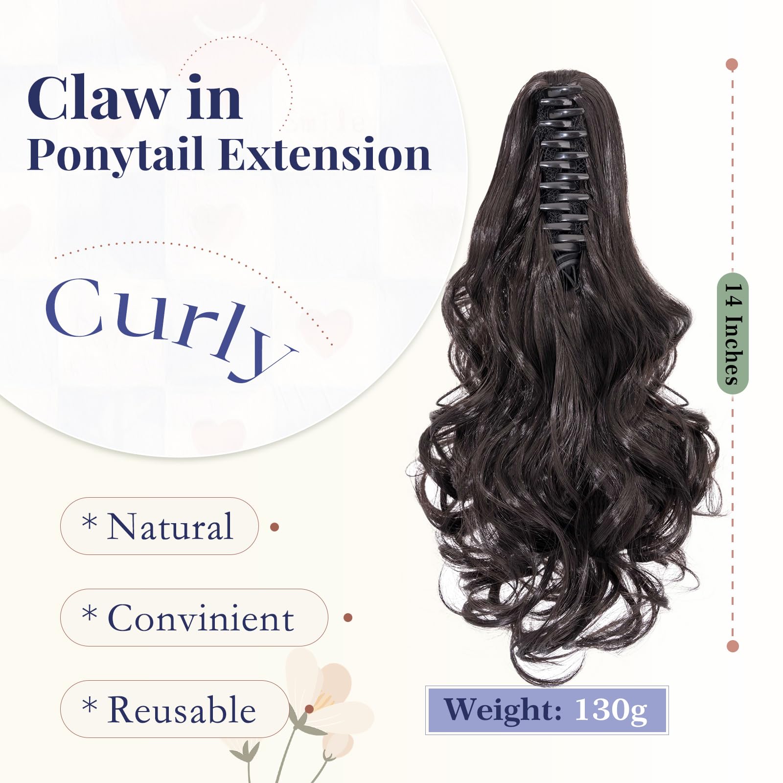 TESS Claw On Ponytail Extension Matte Material 14 Inch/37cm Curly Wavy Clip In Pony tail Synthetic Hairpiece, Black - Image 2