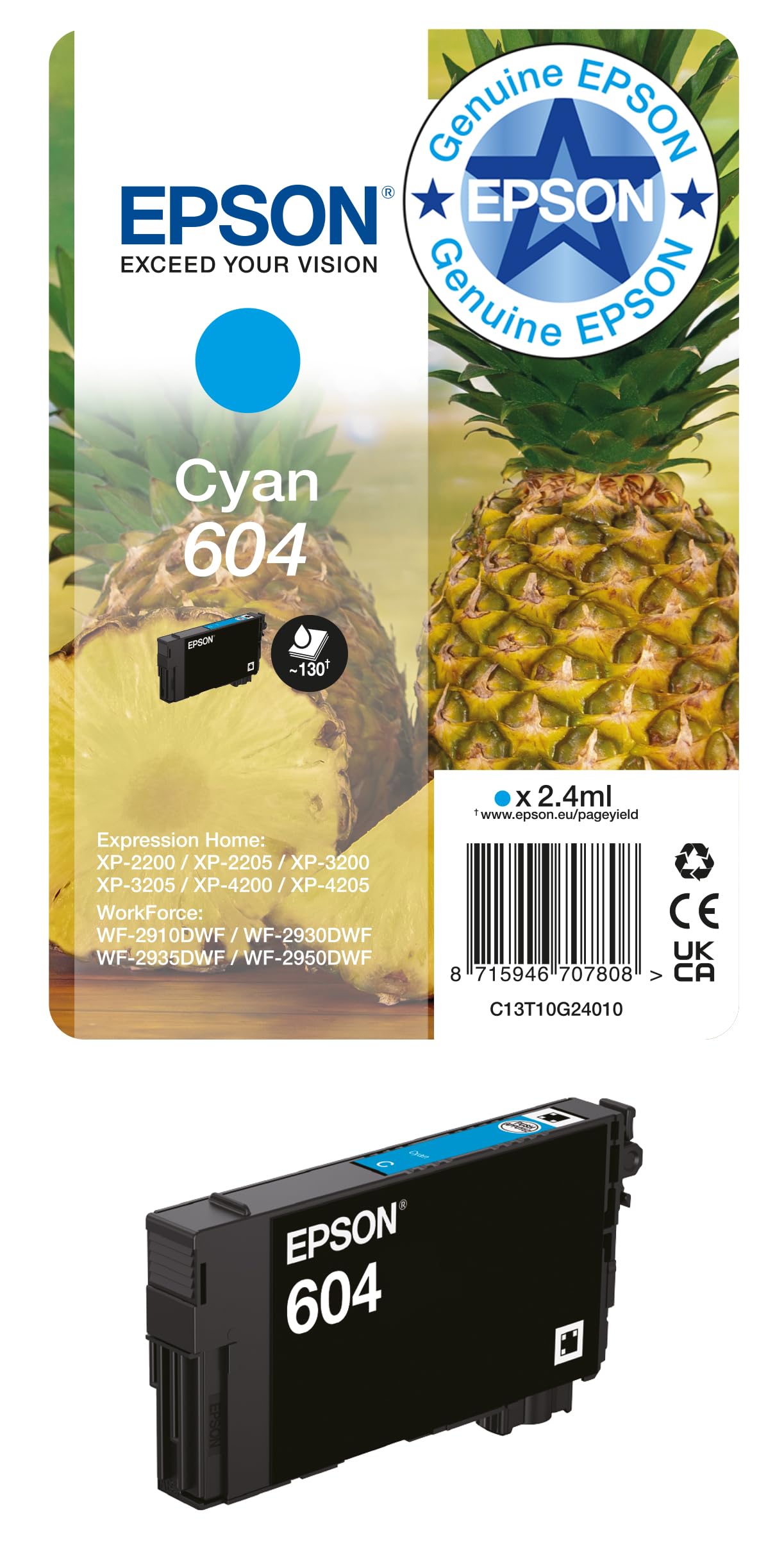 Genuine Epson Pineapple 604 Cyan Ink Cartridge T10G2 C13T10G24010, Vacuum Sealed