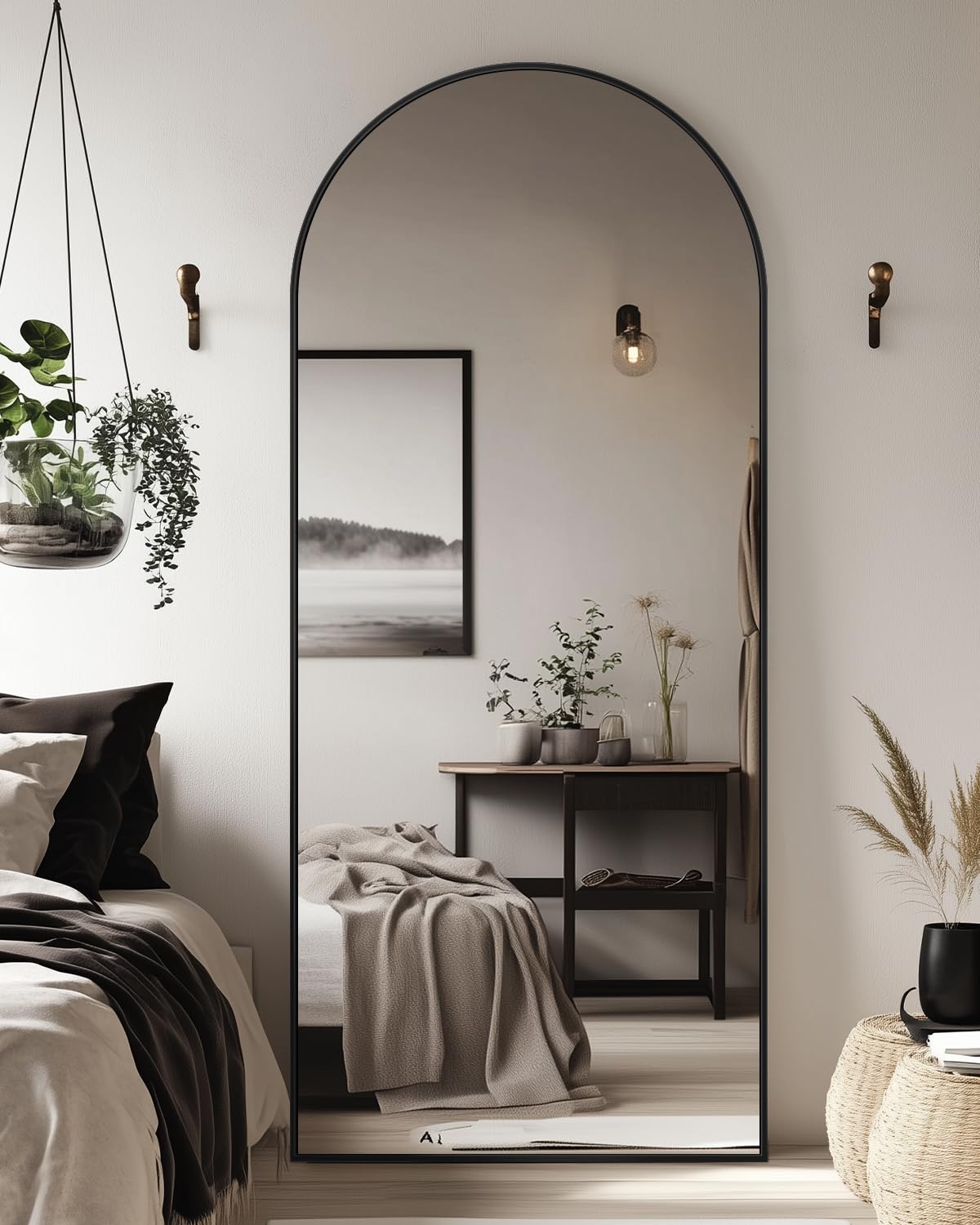 Antok Full Length Mirror, 21"x58" Floor Mirror with Stand, Hanging Mounted Mirrors for Bedroom, Living Room, Cloakroom, Dining Room, Black, Arched