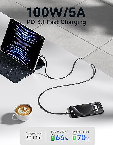 Vista 47 de JSAUX Cable USB C a USB C de 100 W para iPhone 17, cable de carga USBC tipo C 5A de carga rápida compatible con iPhone 17 Air 16 15 Pro Max Samsung