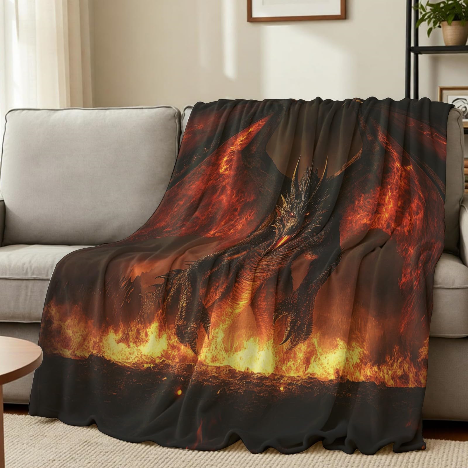 Kuscheldecke 220 x 240 cm Feuerdrache Flanelldecke Mikrofaser Wohndecke Sofadecke Weiche Decke 3D Digitaldruck für Kinder Erwachsene
