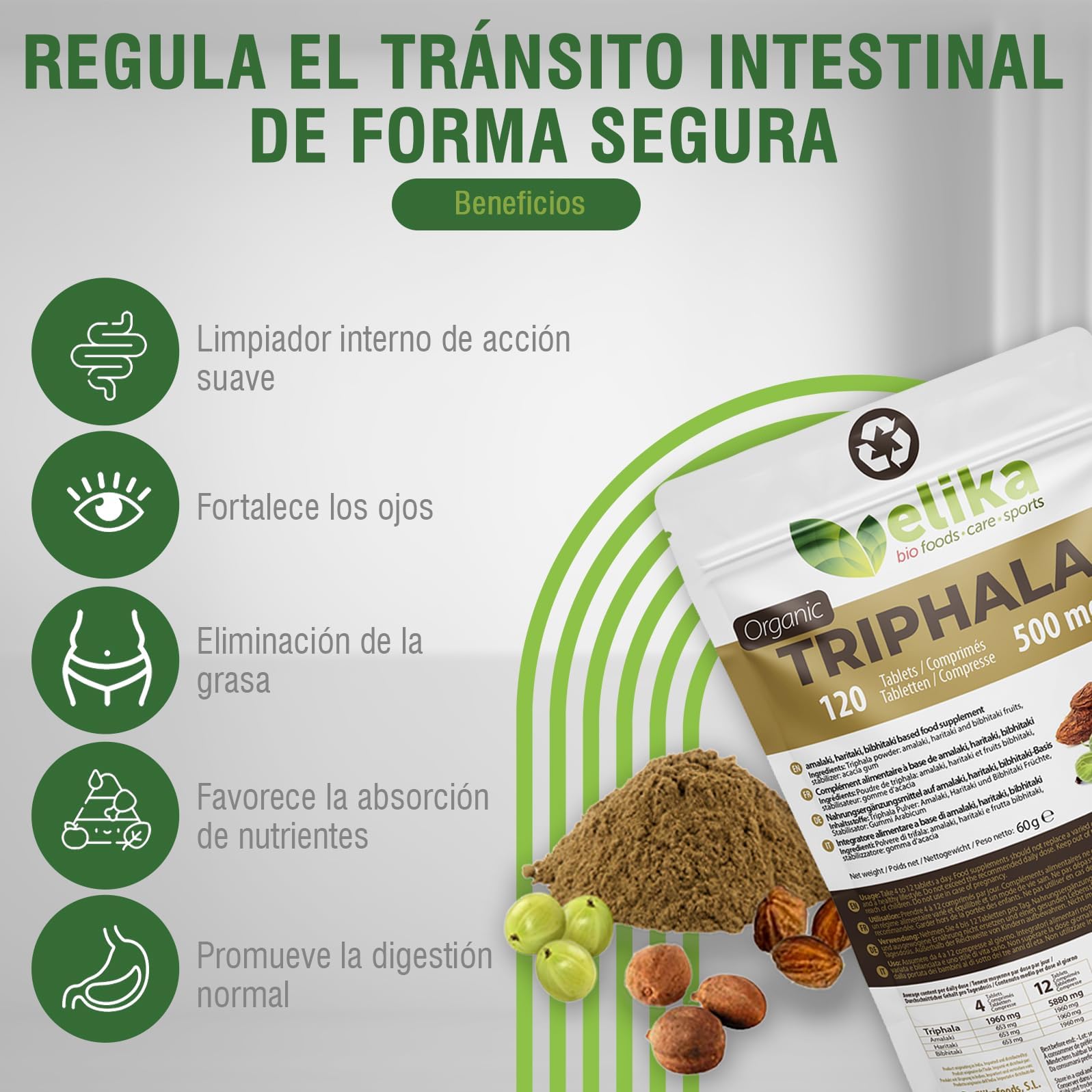 Triphala BIOLOGICO di Elikafoods®. Depurativo e disintossicante naturale. Integratore naturale per la pulizia del colon. Compresse naturali per la stitichezza intestinale - 120 compresse da 500 mg.