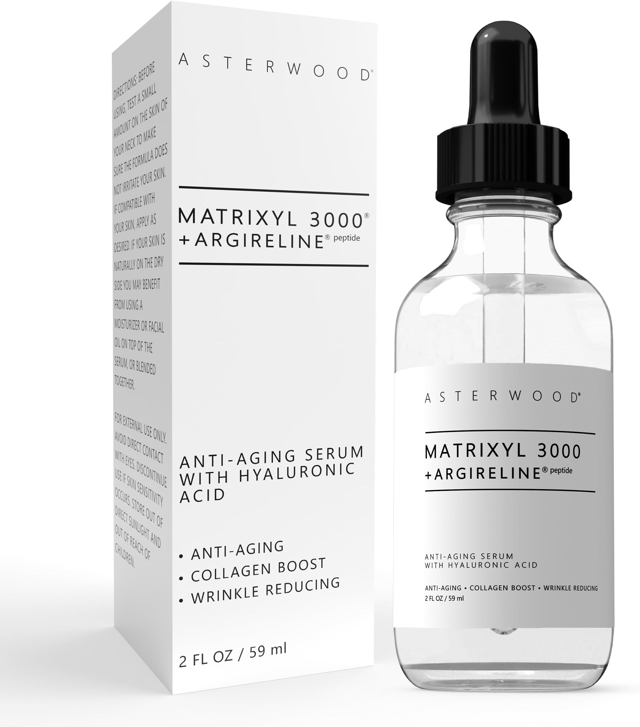 ASTERWOODMatrixyl 3000 + Argireline Serum with Organic Hyaluronic Acid 2 oz - Wrinkle Aging Fighting - Powerful Line Remover & Collagen Booster - Naturals - Face Lift in a 2 Ounce Bottle