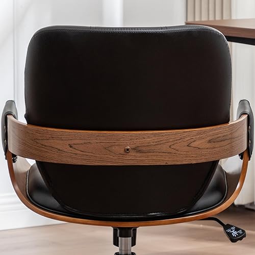 Miniatura 7 de Silla de escritorio de oficina en casa con ruedas giratorias, artesanía de nogal, respaldo y brazos curvos ergonómicos, piel sintética, altura
