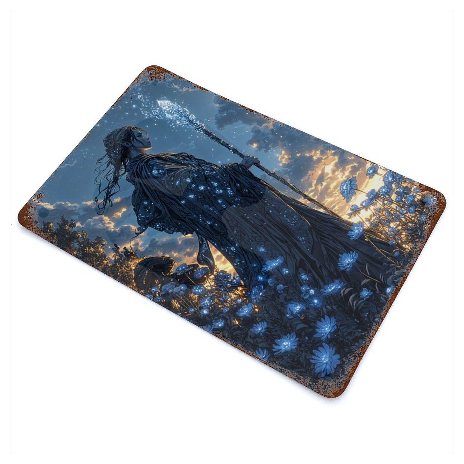 Rust Effect Elven Mage in A Field Decorative Tin Sign 11.8"x7.9", Farmhouse Wall Decor for Patio, Garden Room And Bar Decor