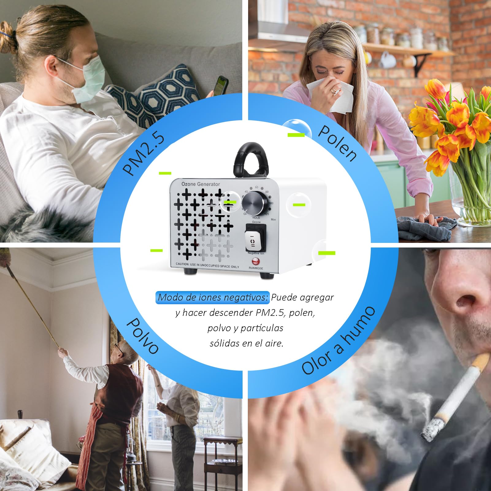 2 En 1 Generador de Ozono 100,000mg/H, Purificador de Aire con Modo de Ozono e Iones Negativos, Profesional Maquina Ozono O3 Ozonizador con Temporizador de 120 Min para Hogar Coche Hotel