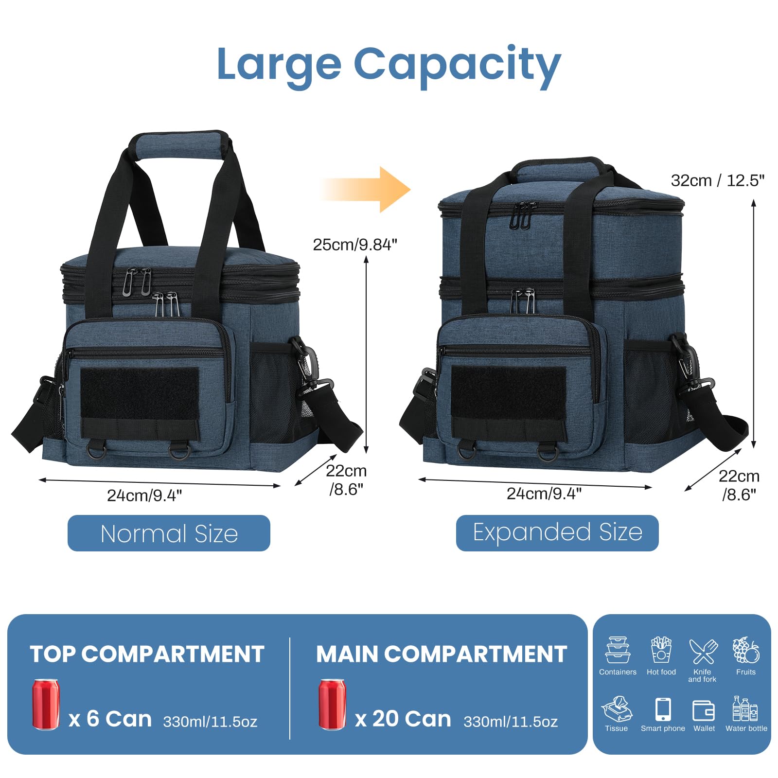 Borsa termica per il pranzo da uomo, grande, isolata ed espandibile, a prova di perdite, per lavoro, campeggio, spiaggia, turni, picnic all'aperto, volo, resistente, per adulti (16 l, blu)