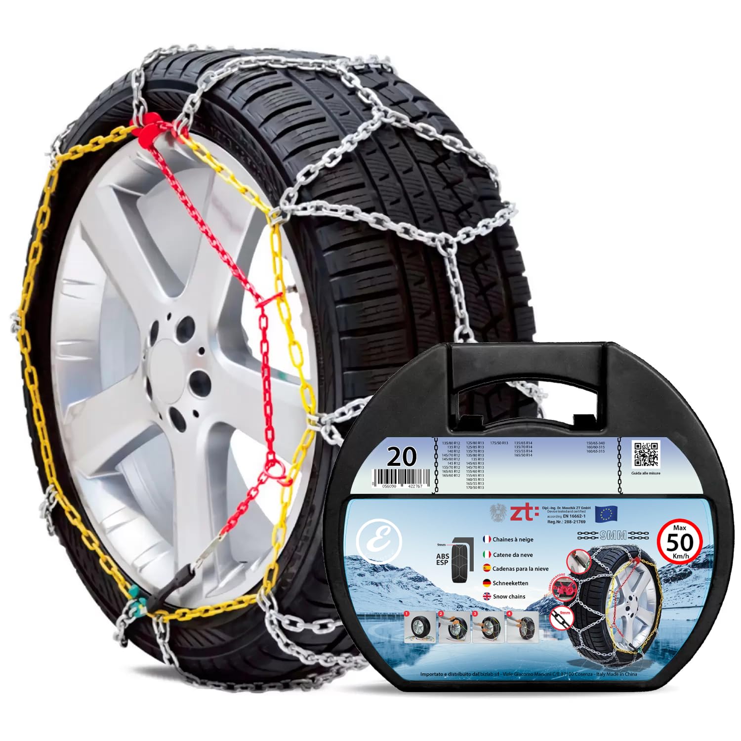 Catene Da Neve In Metallo 9 mm Omologate TUV e GS Onorm Montaggio Rapido Per Auto Macchina Furgone SUV Con Tensionatore Autobloccante (Misura 20)