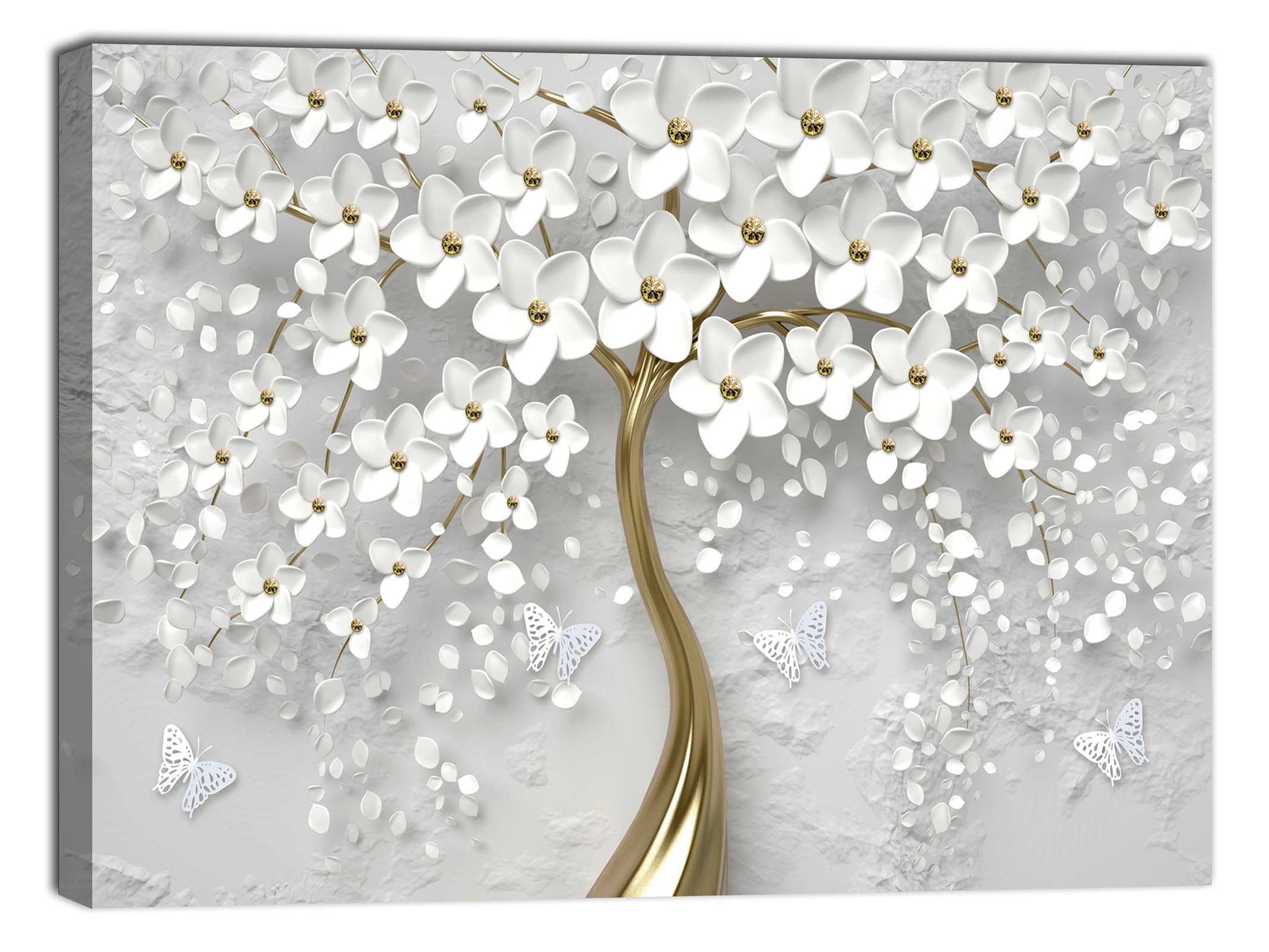canvashop Quadri Moderni Astratti Albero Dorato con Fiori Bianchi 100x70 cm