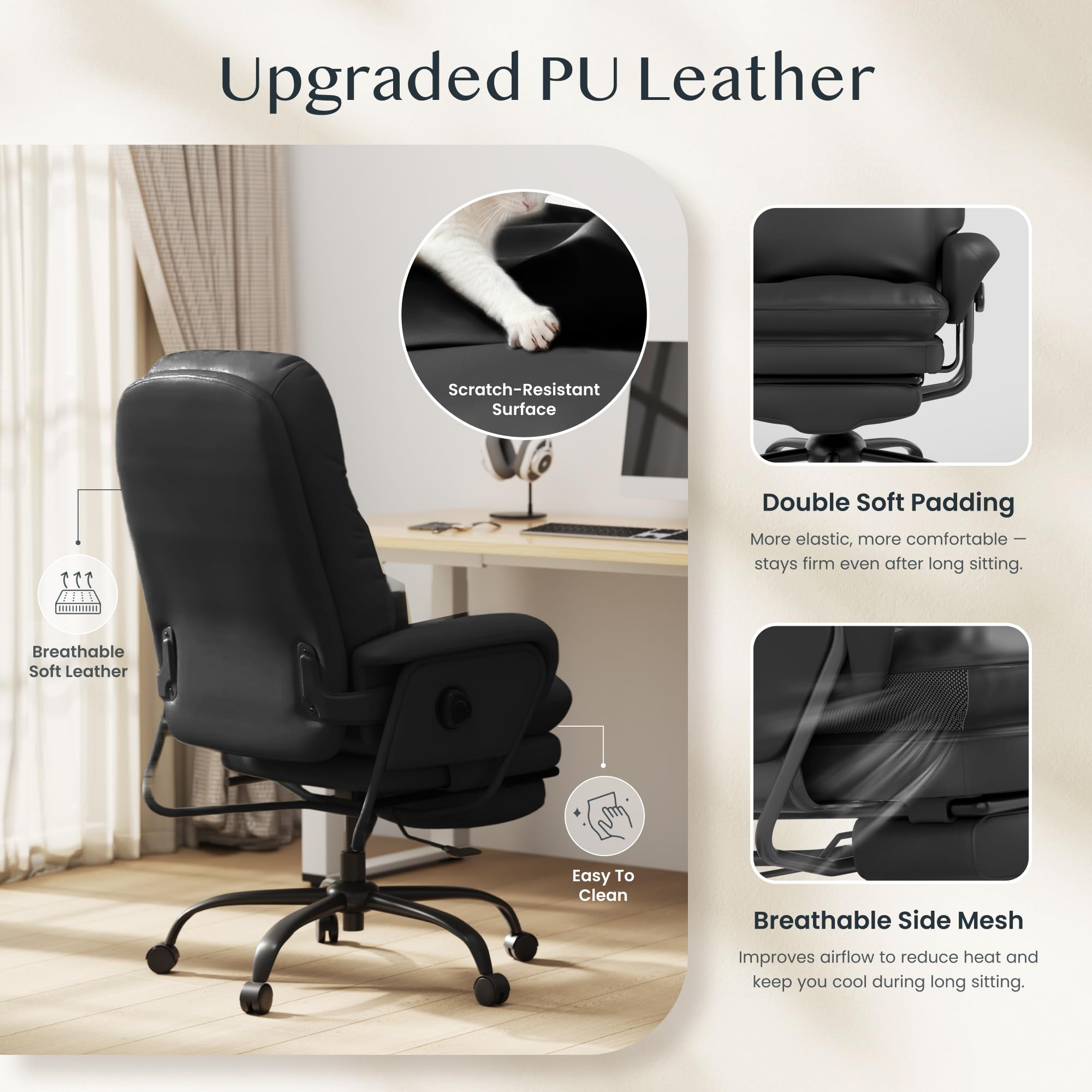 FLEXISPOT Luno Chefsessel Ergonomischer Bürostuhl mit Fußstütze | 160° Liegefunktion, Katzenkratzfestes Kunstleder Ideal zum Arbeiten, Entspannen & Mittagsschlaf Beige