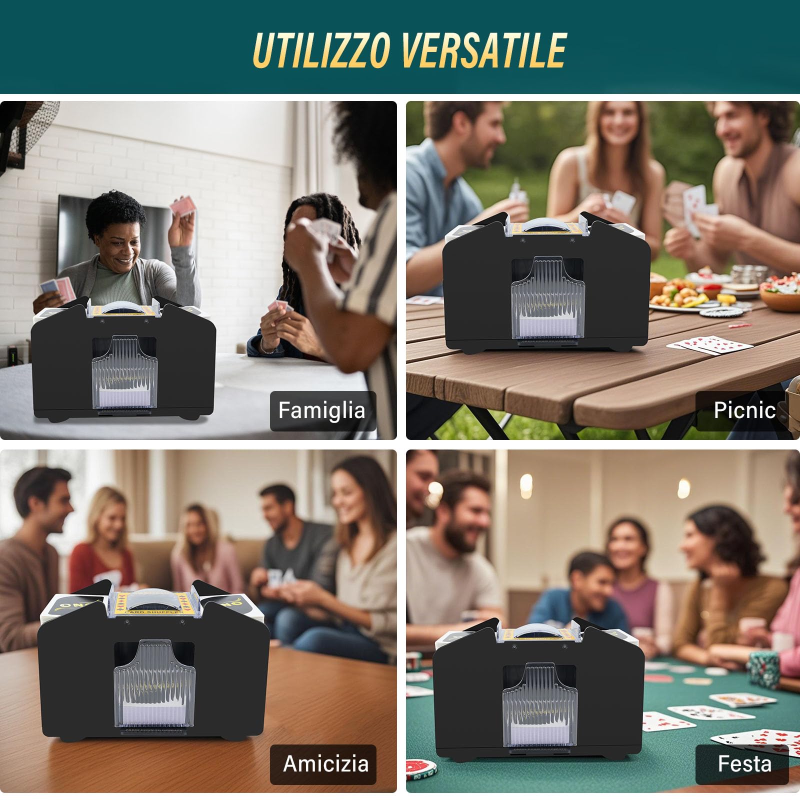 Mischia Carte Automatico, Mescolatore di Carte Elettrico per 1-4 Mazzi, Distributore Carte da Gioco Automatico per UNO, Poker, Blackjack - Dotato di USB