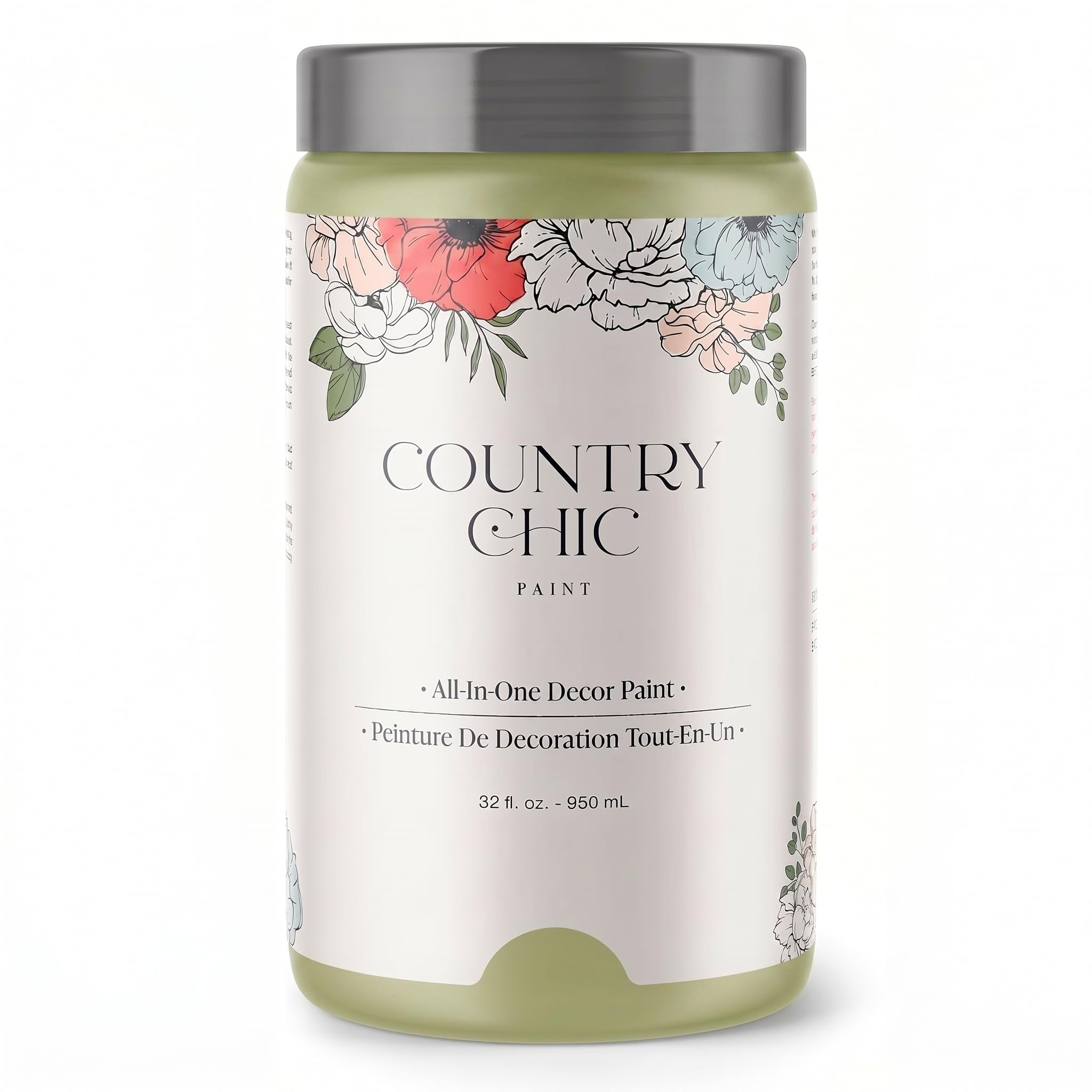 Country Chic All-in-One Chalk Paint for Furniture, Cabinets, Home Decor, Eco-Friendly, Matte Finish, Built-In Primer &amp; Top Coat for Wood, Metal - Botanical (Soft Green) Quart (32 oz)