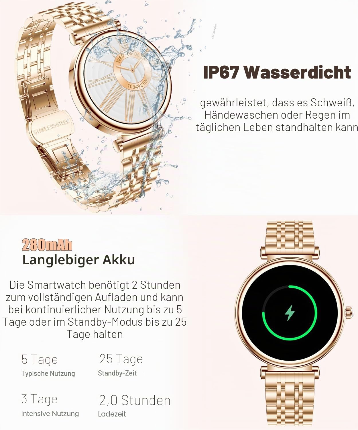 Damen Smart Watch 1,27 Zoll Farbbildschirm wasserdicht Fitness-Tracker Herzfrequenz Schlafmonitor Rose Gold für Android iOS