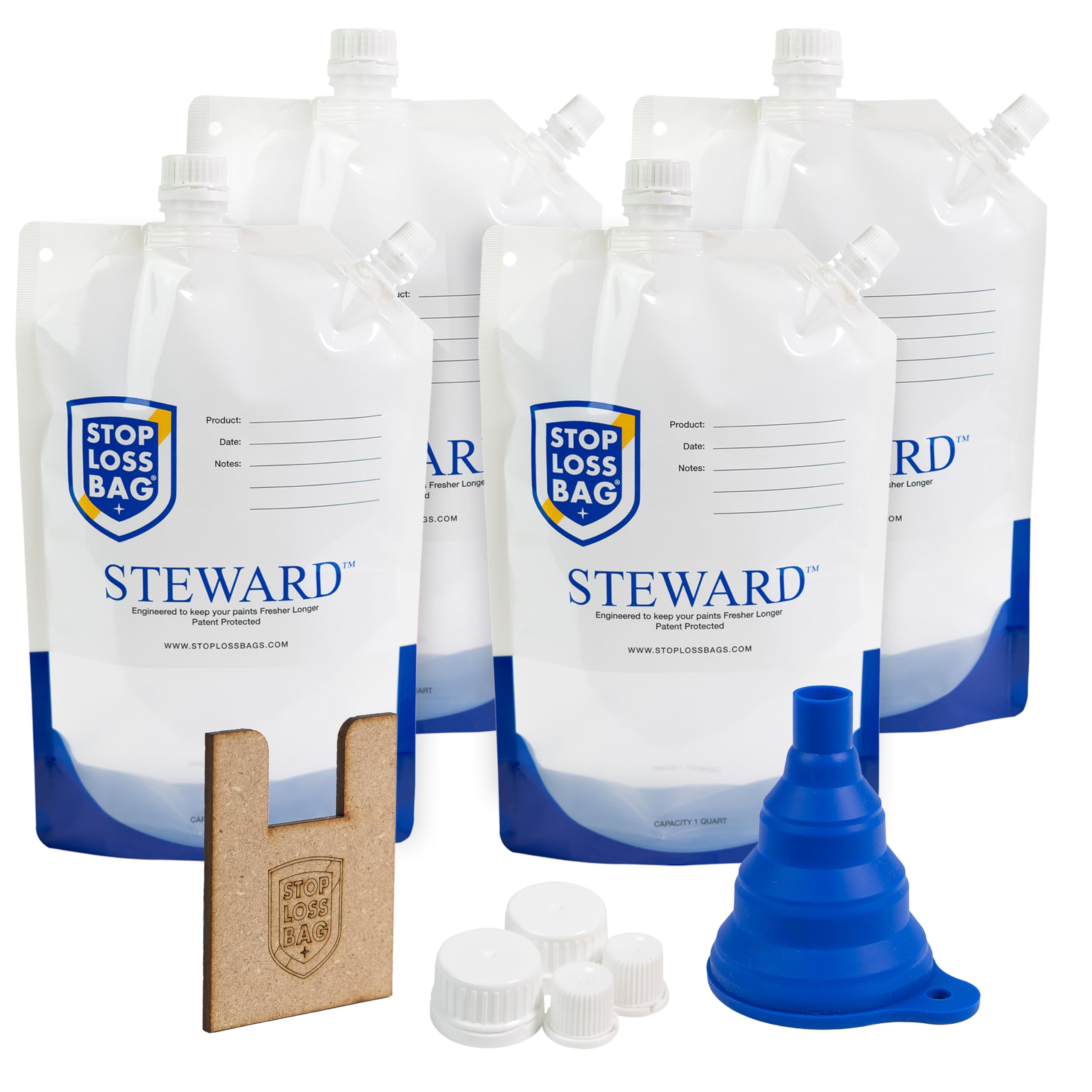 Steward Paint Storage DIY Pack - Set of 4 Reusable Saver Bags With Funnel, Filler Clip & Extra Caps, Airtight and Durable Storage (1 Liter Each)