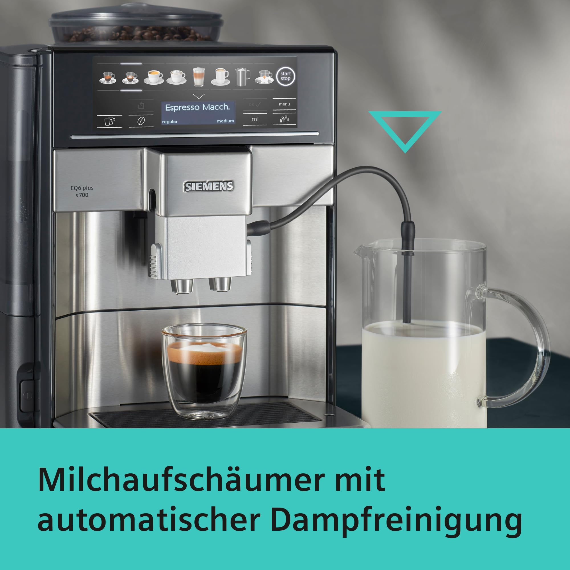 Siemens EQ6 plus s700 Kaffeevollautomat, Milchsystem, 12 Getränke, Keramikmahlwerk, Touchdisplay, Edelstahl