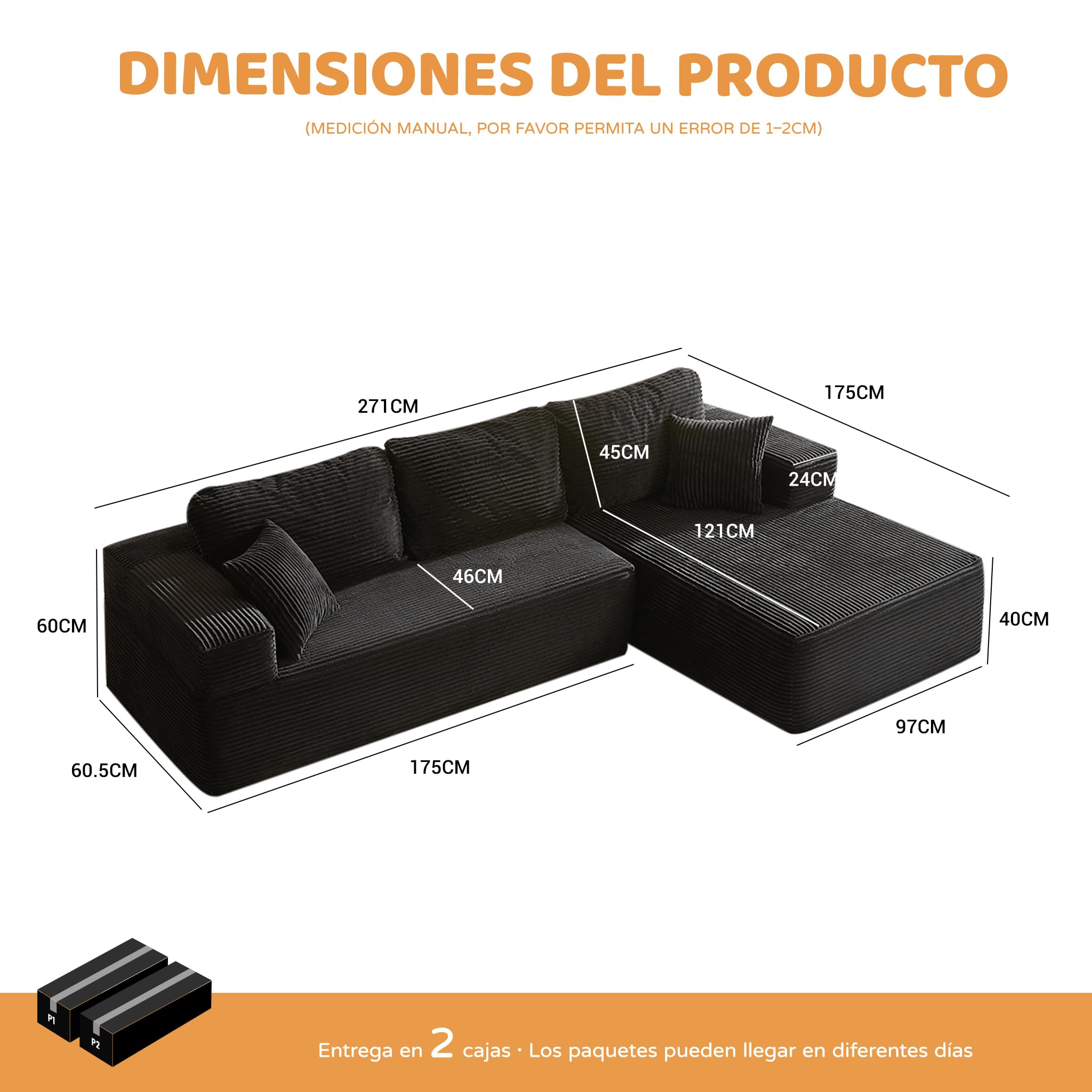 272 cm Sofá Chaise Longue 3 Plazas Modular sin Montaje, Pana, Negro | Configuración Flexible, Asiento Profundo, Espuma de Alta Densidad, Cojines de Respaldo, Para Salón