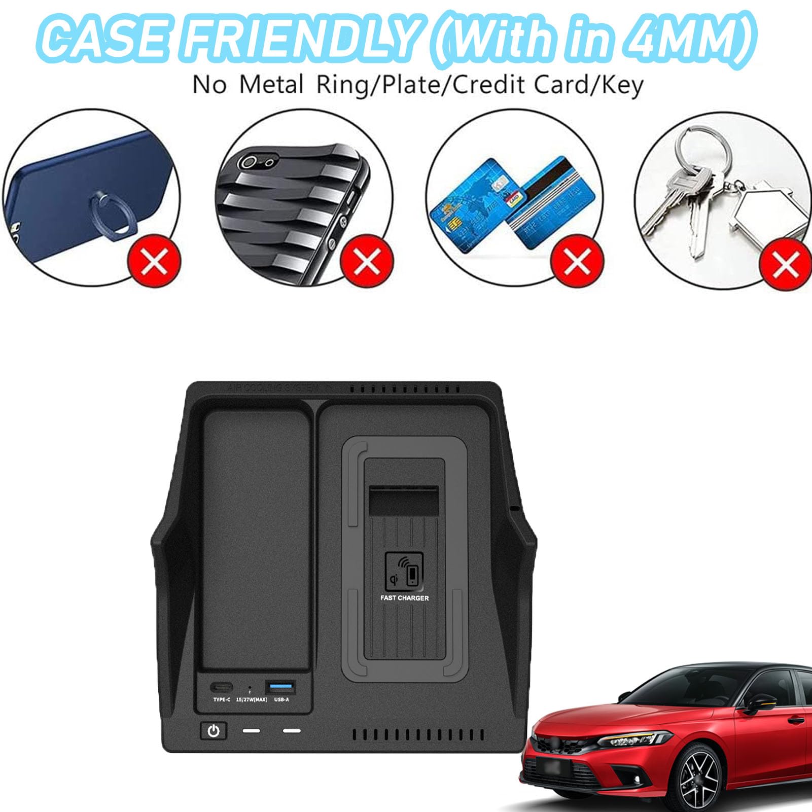 Caricabatterie Wireless per Auto per 11th Civic all Models Accessorio con 15w Wireless e 27w USB Qc3.0 Ricarica Rapida Regalo per la Famiglia