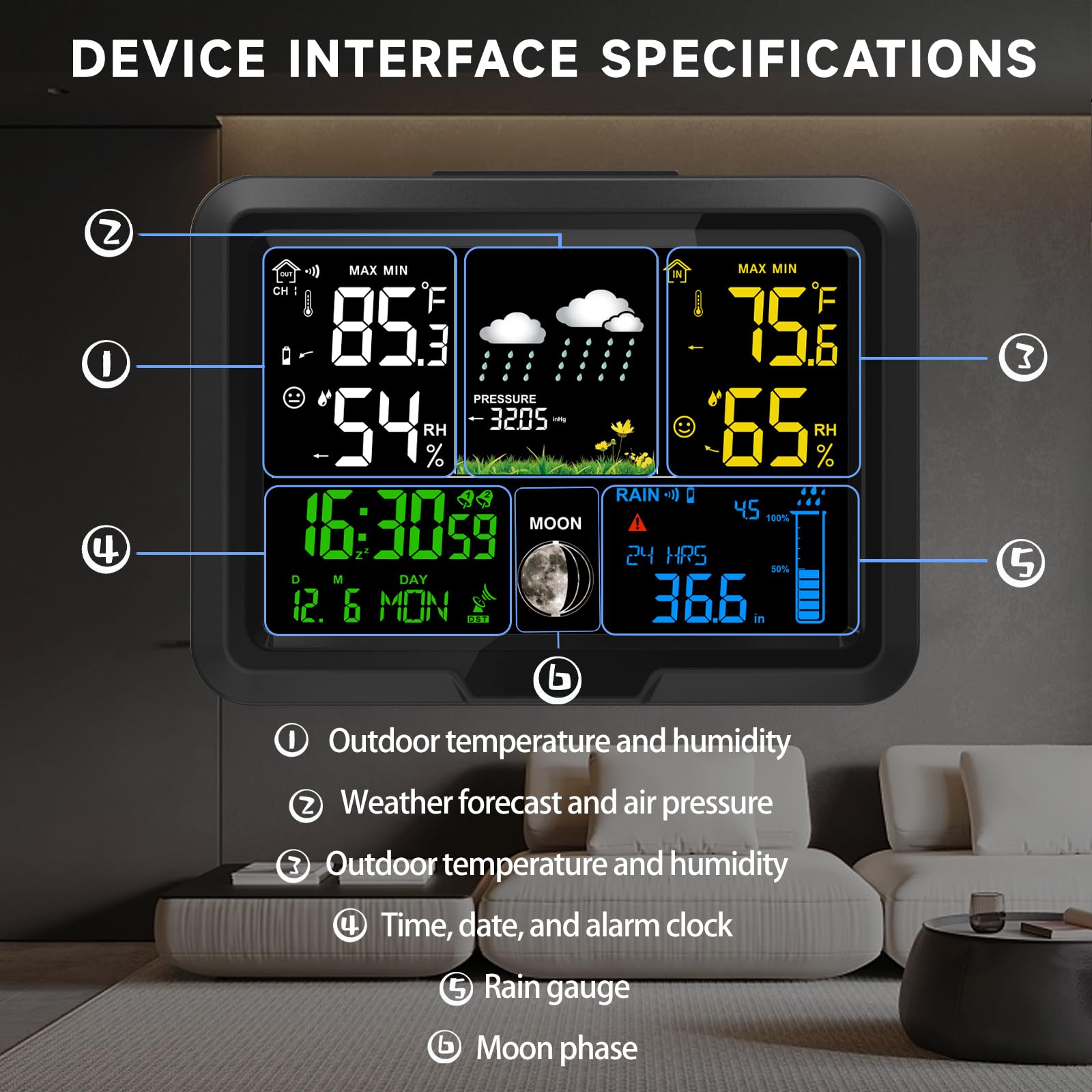 Digitaler kabelloser Regenmesser Außen, Home Wetterstation Kabellos Innen Außen mit Selbstentleerendem Regenmesser, Thermometer, Barometer, Hygrometer, Atomuhr, Wettervorhersage und Alarmen