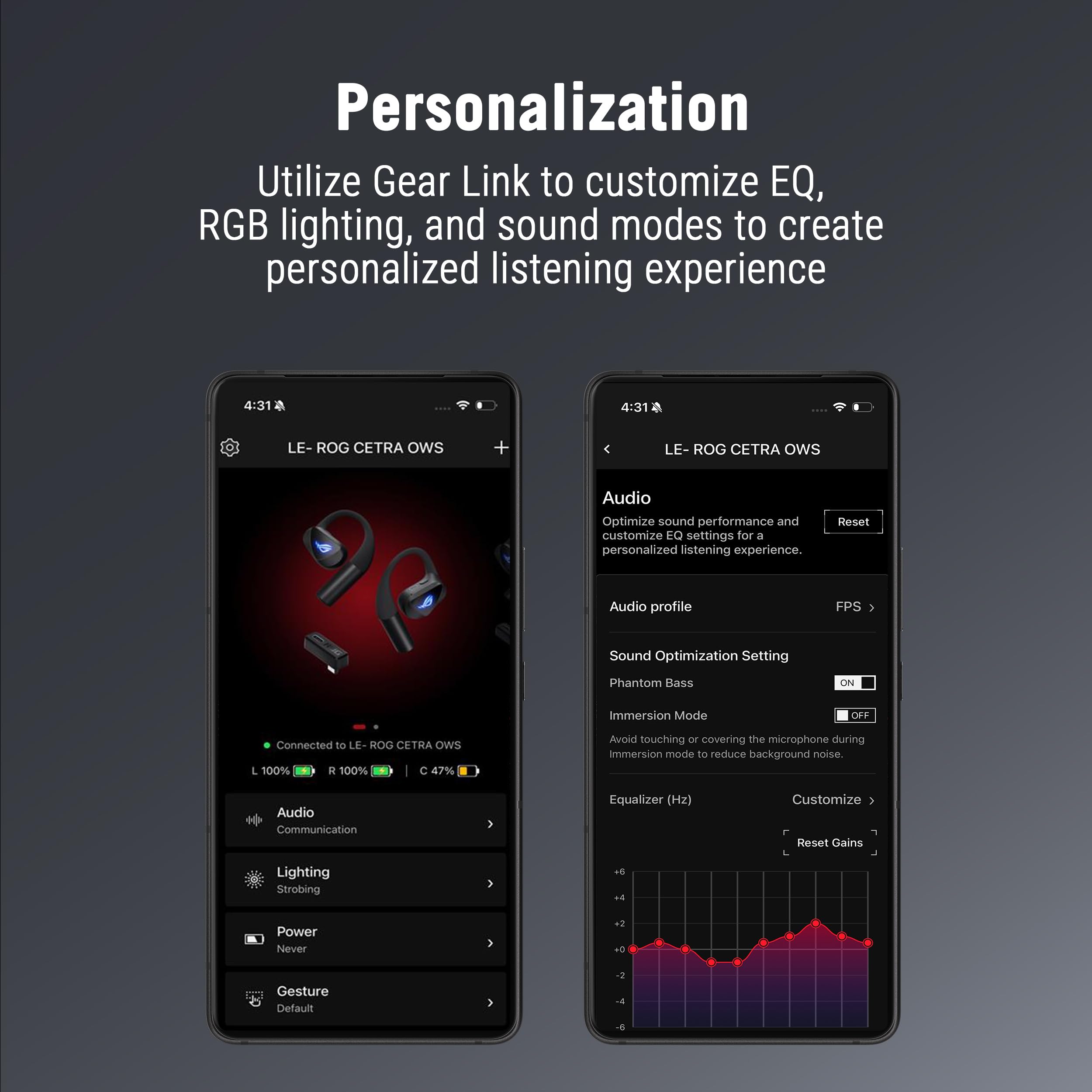 ASUS - ROG Cetra Open Wireless - Écouteurs Gaming sans-Fil, Haut-parleurs avec revêtement DLC, Modes Audio personnalisés, Quatre micros à réduction de Bruit par IA, 16 Heures d'autonomie,