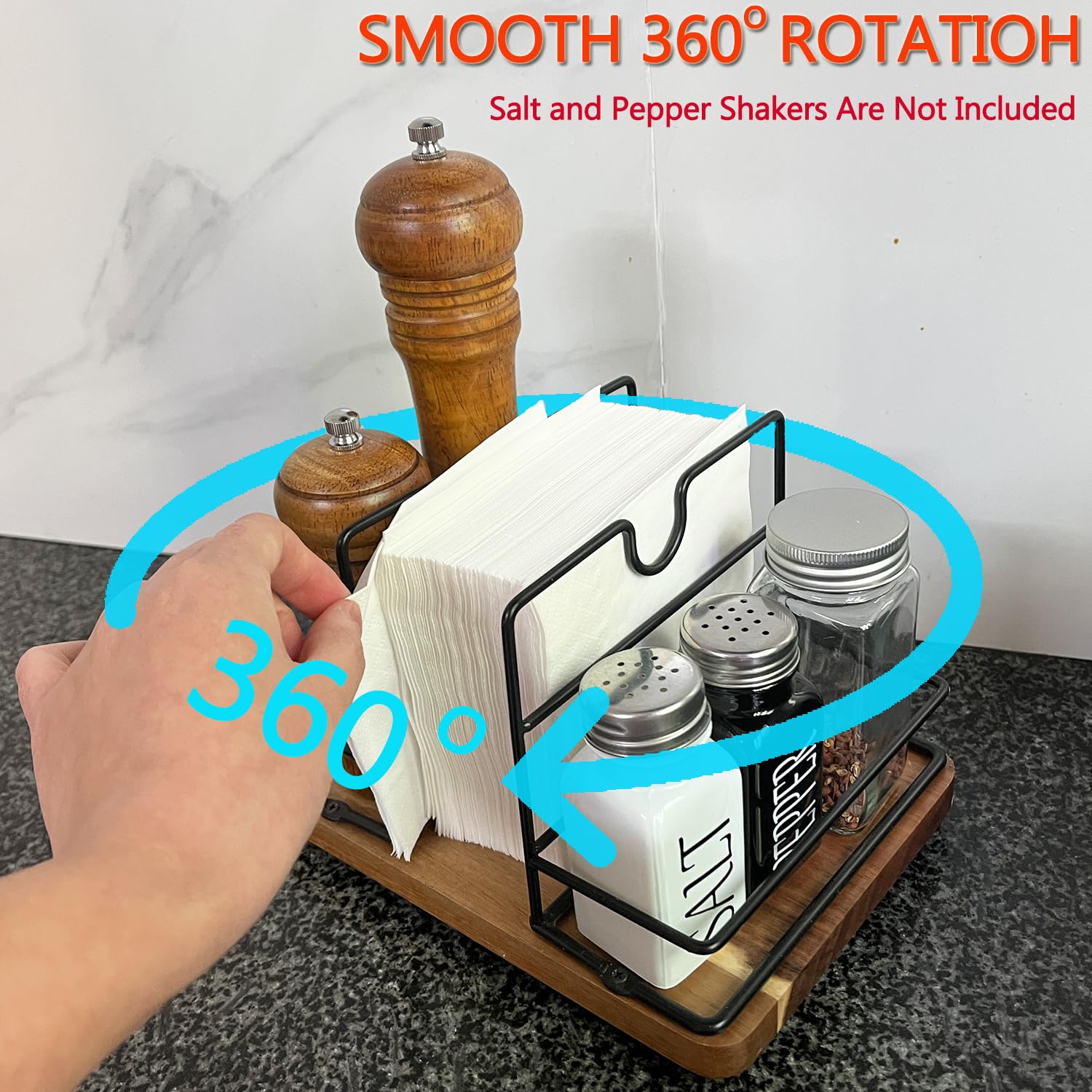 Servilleteros para mesa de cocina, dispensador de servilletas vertical giratorio de madera | Eso puede contener sal y pimienta rústico servilletero para cocina, comedor, mesa, decoración de cejas, acacia