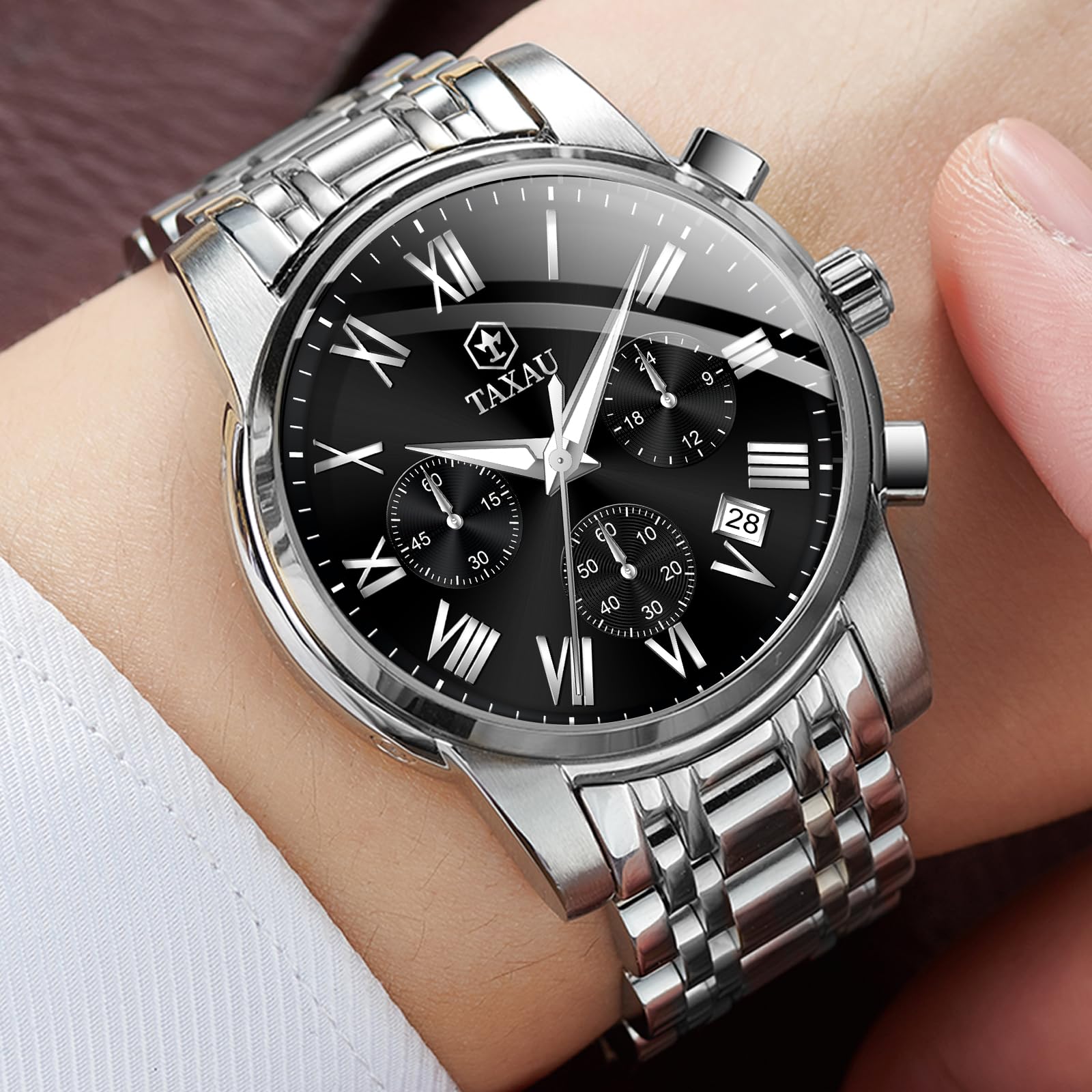 Taxau Montre multifonction pour homme - En acier inoxydable - Chronographe - Cadran romain - Montre de luxe - Étanche - Lumineuse - Avec date - Cadeau pour homme