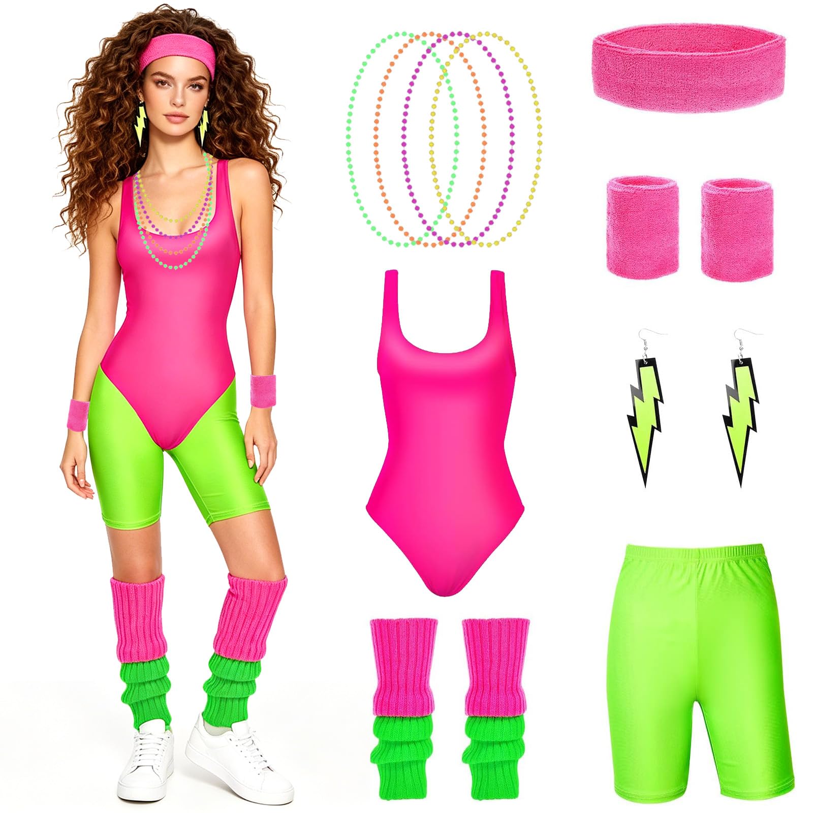 Deguisement Annee 80 Femme,Tenue des Années 80 et 90 pour Femme,80s Disco Costume,Disco Costume Vetement Fête Néon,80s Ensemble D'accessoires de Costume,pour Halloween Carnaval Thème Fête