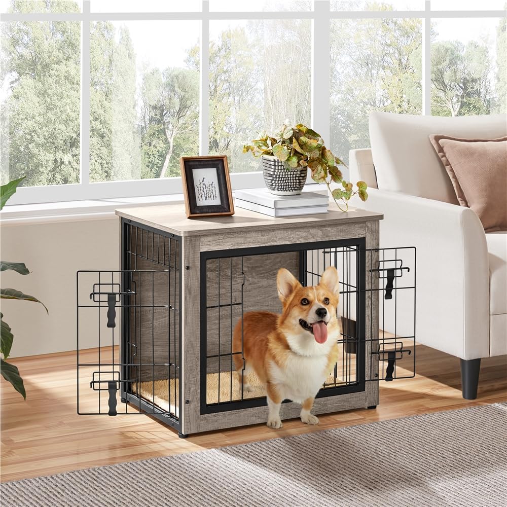 Yaheetech Gabbia per Cani Kennel Tavolino Armadietto con Doppie Porte Gatti a Rete in Legno da Interno 69 × 51 × 61 cm Grigio