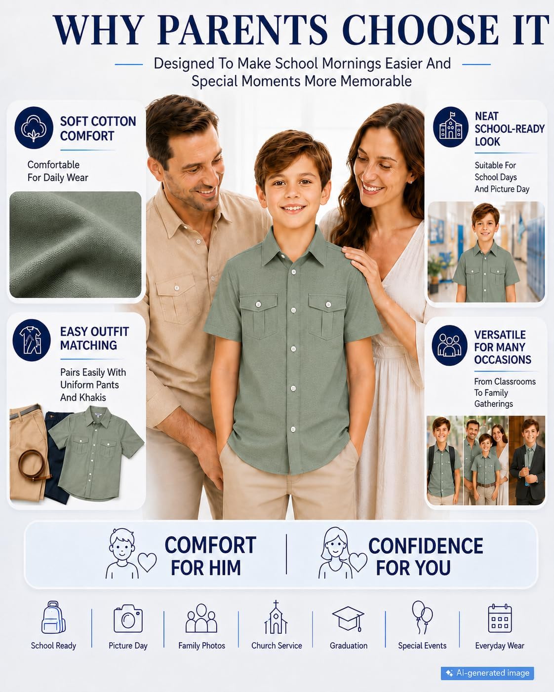 Bienzoe Boys Short Sleeve Shirt: School Uniform Button Down