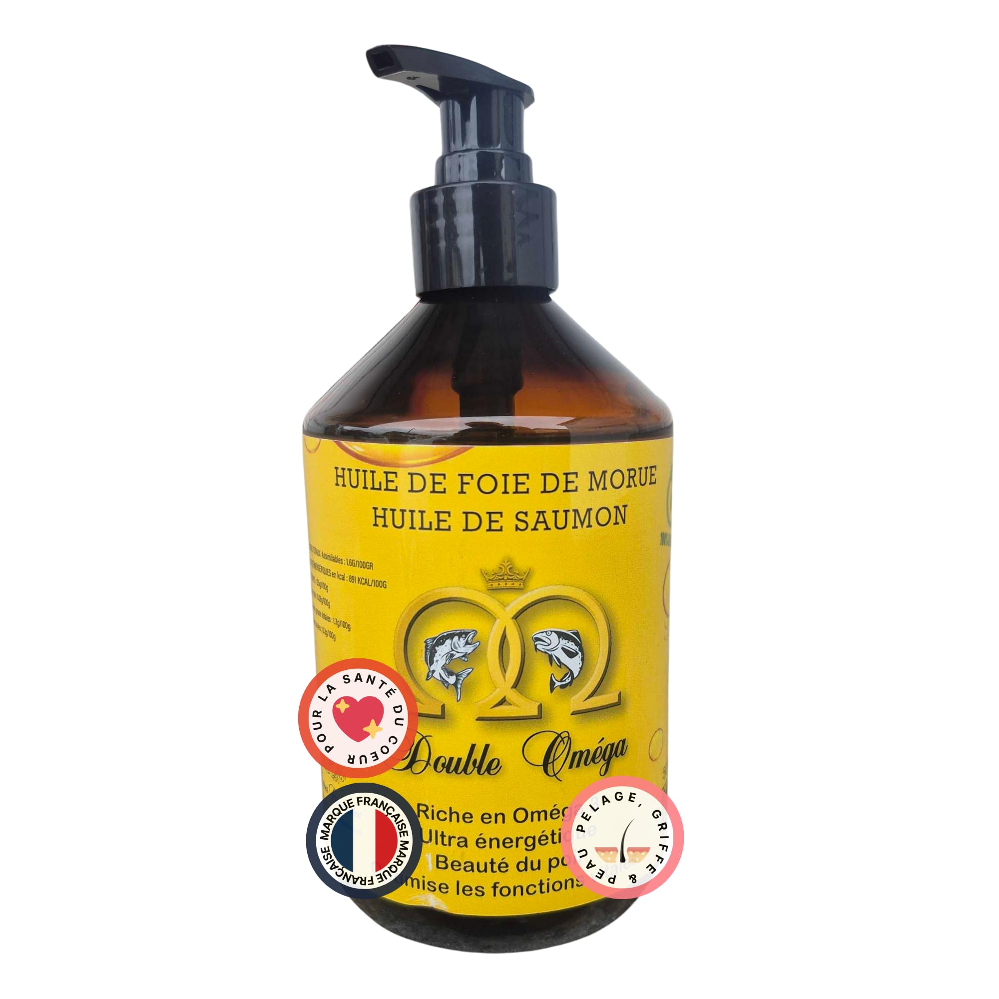 double oméga huile de foie de morue et saumon pour chien – oméga 3 et 6 naturels – vitalité immunité articulations cerveau pelage brillant – complément alimentaire huile 500 ml