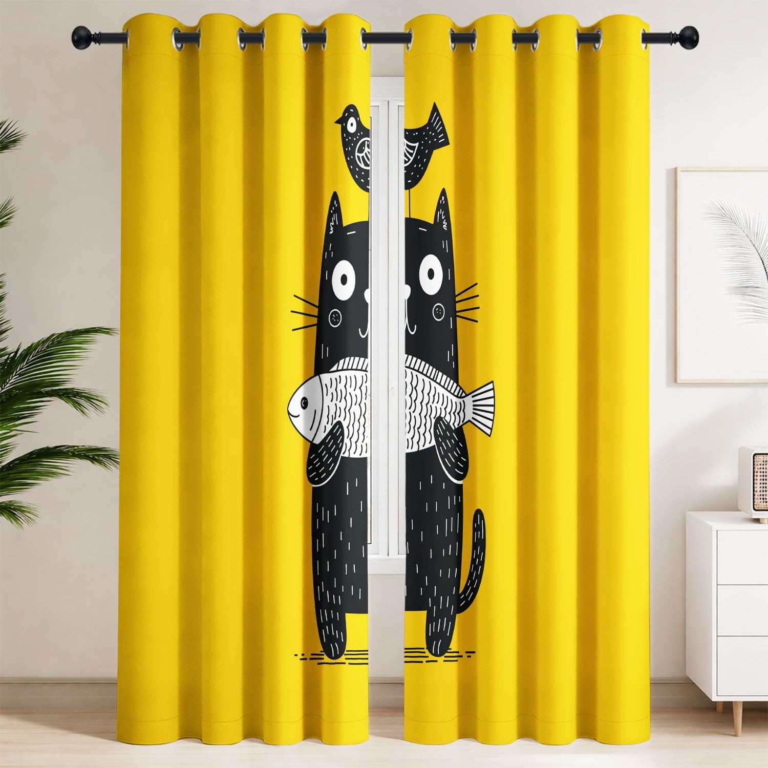 Rideau occultant chat jaune pour tamiser la lumiere de votre chambre