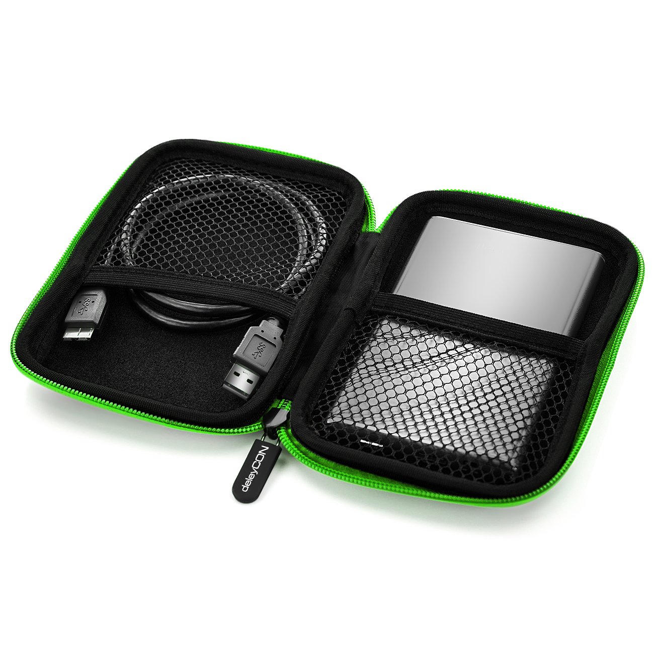 deleyCON Borsa del Disco Rigido Custodia HDD - Per Dischi Rigidi da 2,5" Pollici e SSD - Robusto e Antiurto - 2 Scomparti Interni con Tasche a Rete - Verde