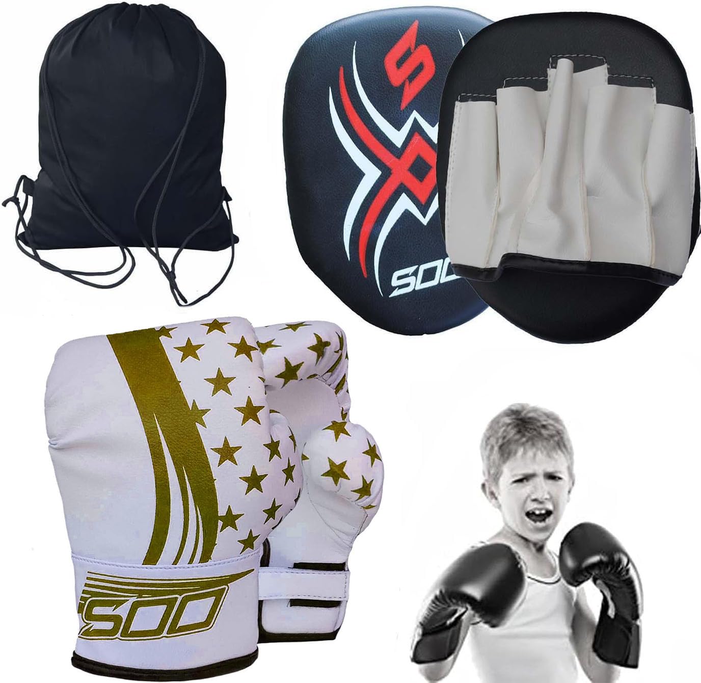 KIds junior Boxing Gloves and Pads Set Pair of Boxing Gloves with Hook and Jabs Mitts Focus Pads, Punching Sets Ideal for Punch Bag MMA Martial Arts Great fun for Chinldren Girls and Boys (Gold)