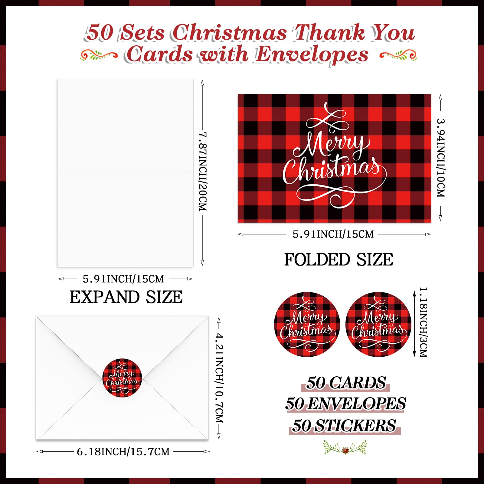 Qilery Lot de 50 cartes de vœux de Noël pliables avec enveloppes et autocollants, cartes cadeaux pour amis, collègues, fournitures d'invitation de vacances, 10,2 x 15,2 cm