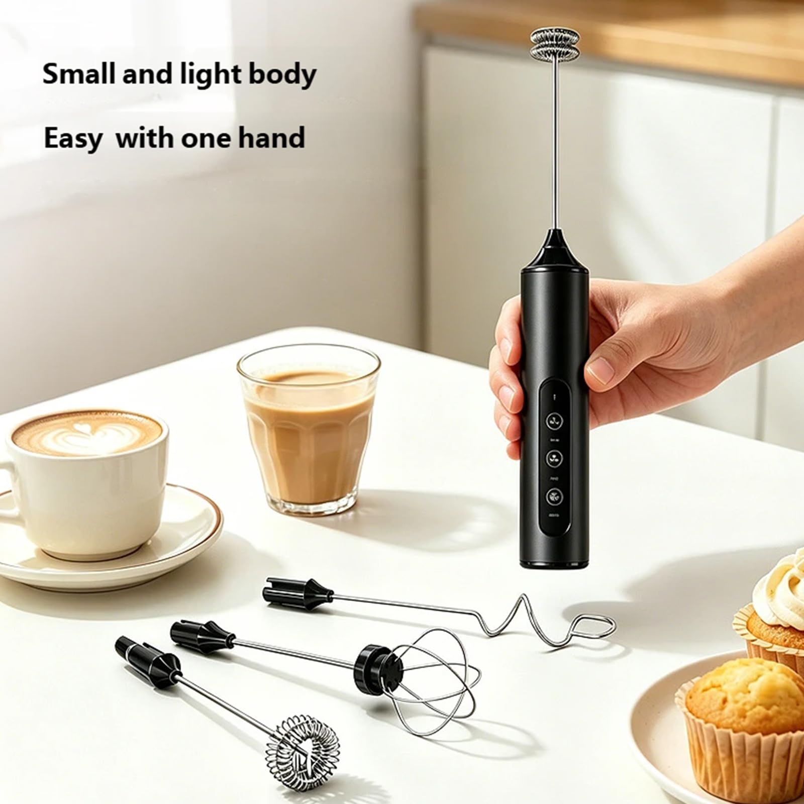 Frusta Elettrico Compatto per Bevande Caffè, Montalatte Senza Fili con Testa in Acciaio Inossidabile, Controllo Multivelocità e Maniglia in ABS per Preparare la Tazza Casa Strumento per Testa