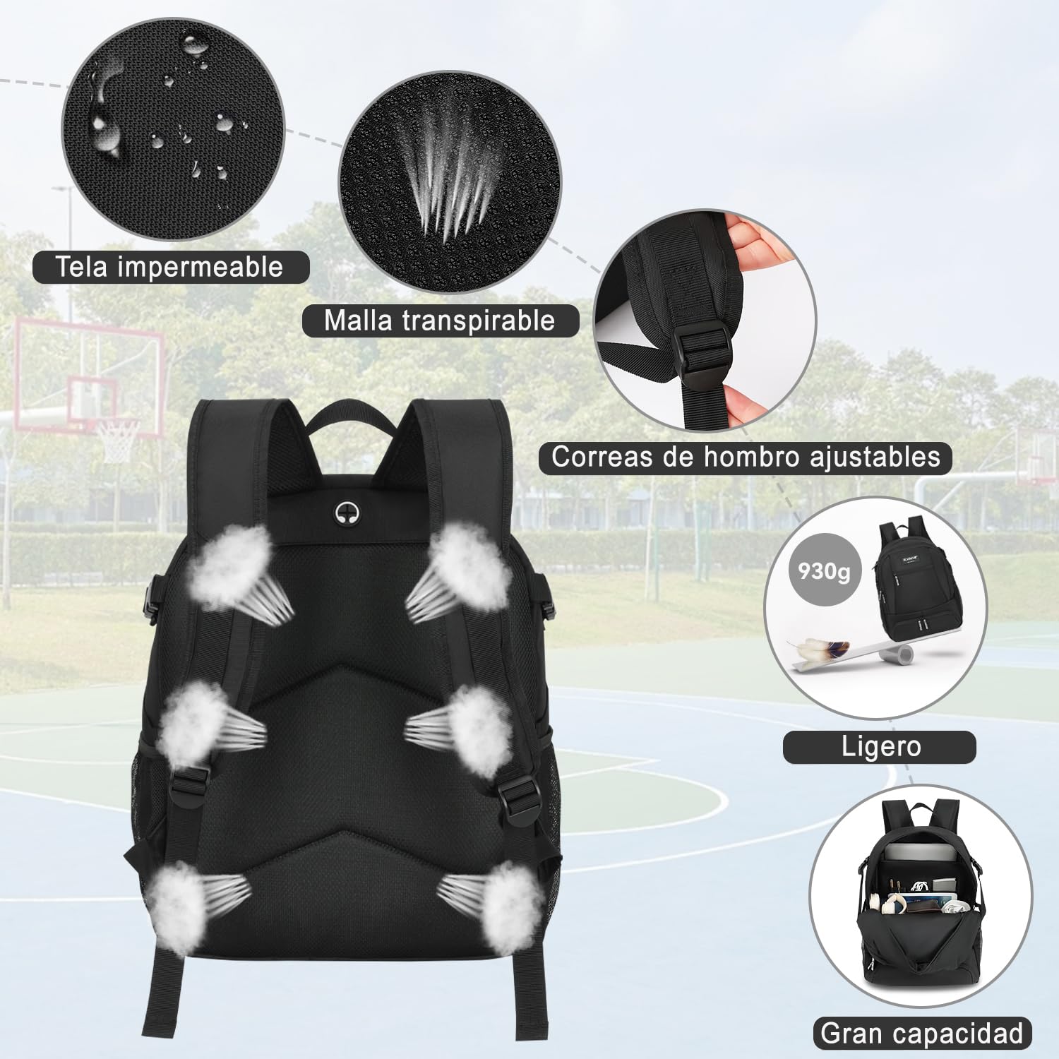 Mochila Baloncesto Impermeable Grande con Compartimento para Balón y Zapatillas
