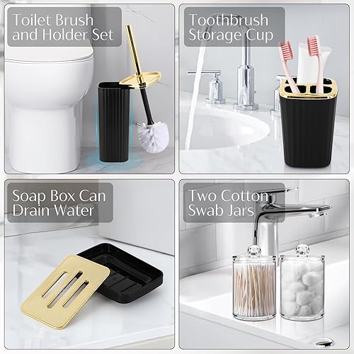Miniatura 7 de Juego de accesorios de baño de 17 piezas, accesorios de baño negros, cepillo de inodoro, basura, dispensador de soporte Qtip y dispensador de jabón