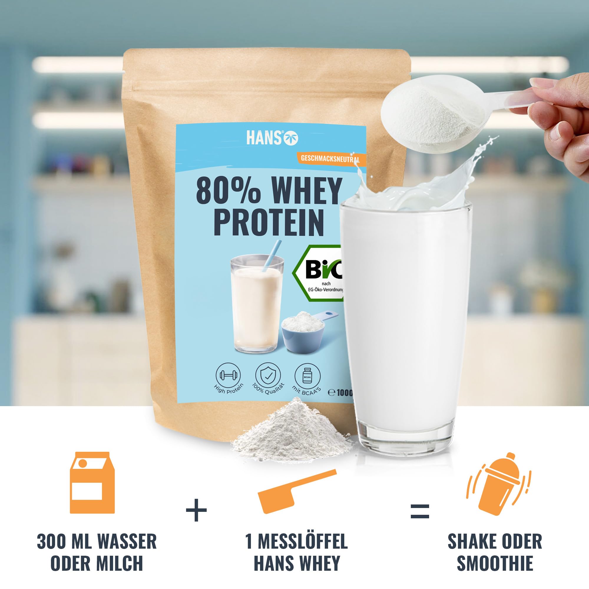 HANS Brainfood 80% Bio Whey Protein Pulver Neutral 1kg von Kühen aus Bayern ohne Zuckerzusatz - Eiweißpulver, Whey, Eiweiss Protein Pulver - 100% reines Bio Molke-Protein