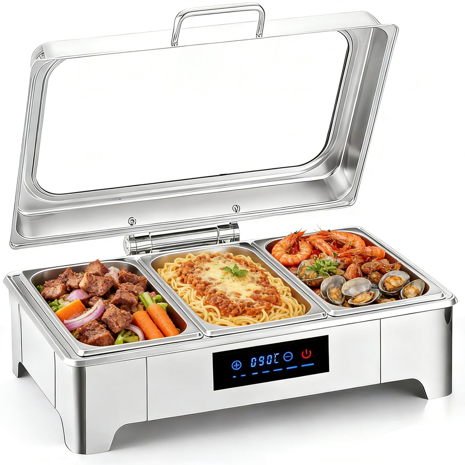 LIROPAU Pasto Chafing Dish, scaldavivande in acciaio inox da 9 l, con coperchio in vetro visibile, 3 contenitori in acciaio inox per feste, matrimoni, buffet e feste (3 set da 1/3 + 1/3 + 1/3 GN)