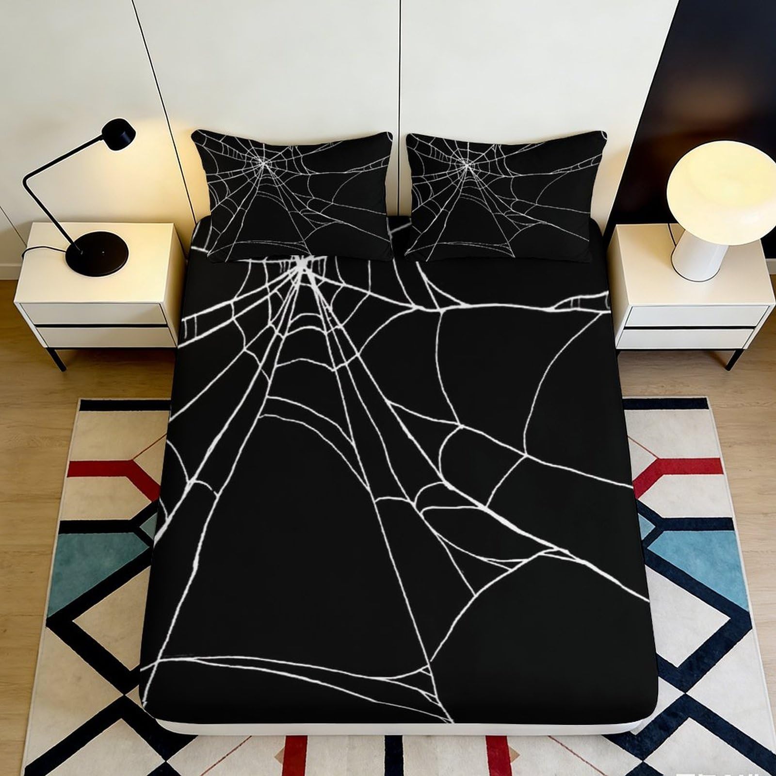 3D Printed Spider Web Fitted Sheet Microfiber Soft Breathable Cobweb Bed Cover for Bedroom Dormitory Guest Room Mattress Protection Decor 180x200x25cm