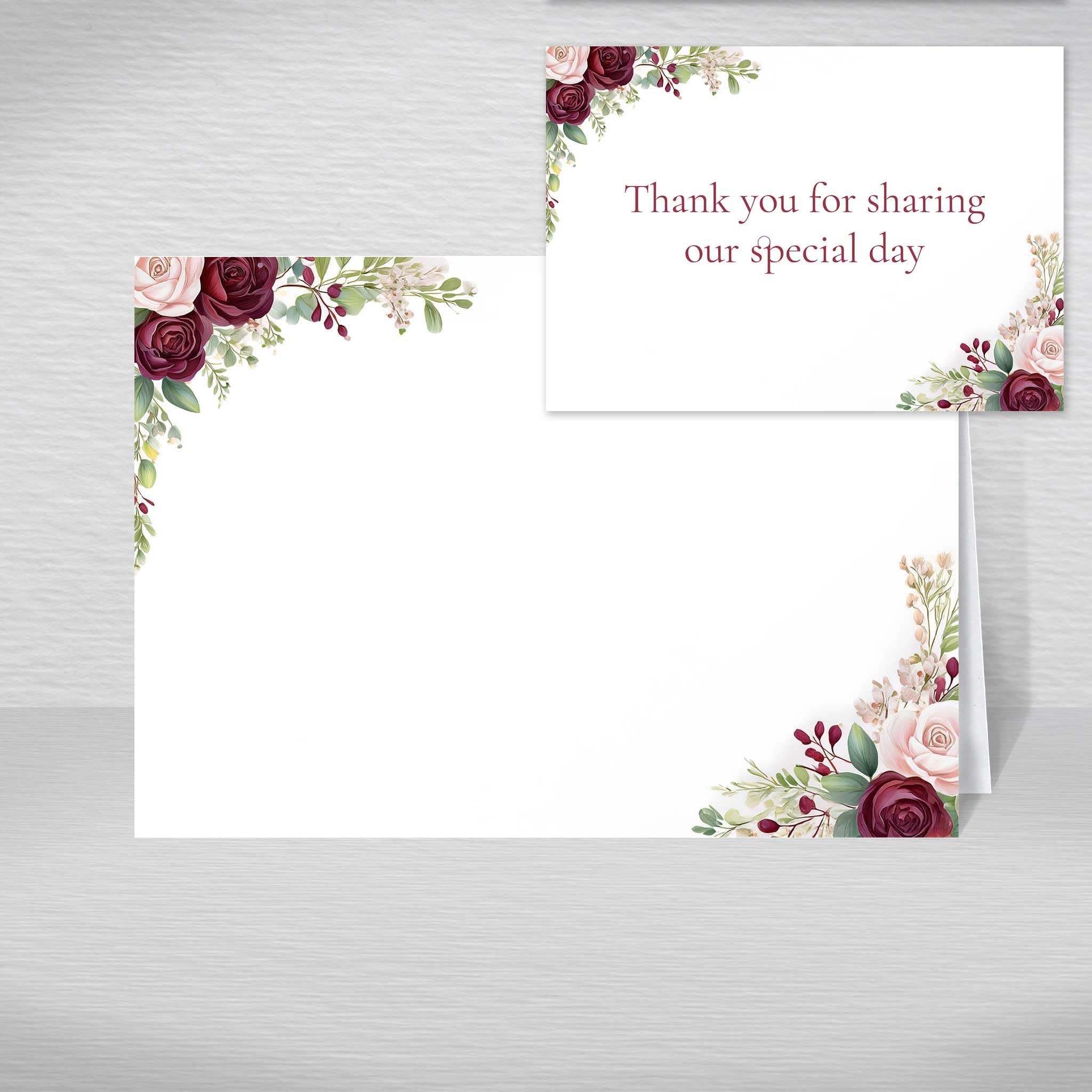 Burgundy Wedding Place Cards, Floral Rose & Eucalyptus with Burgundy & Maroon Tones, Printed with “Thank You for Sharing Our Special Day” Table Name Cards (Pack of 50 without Envelopes)