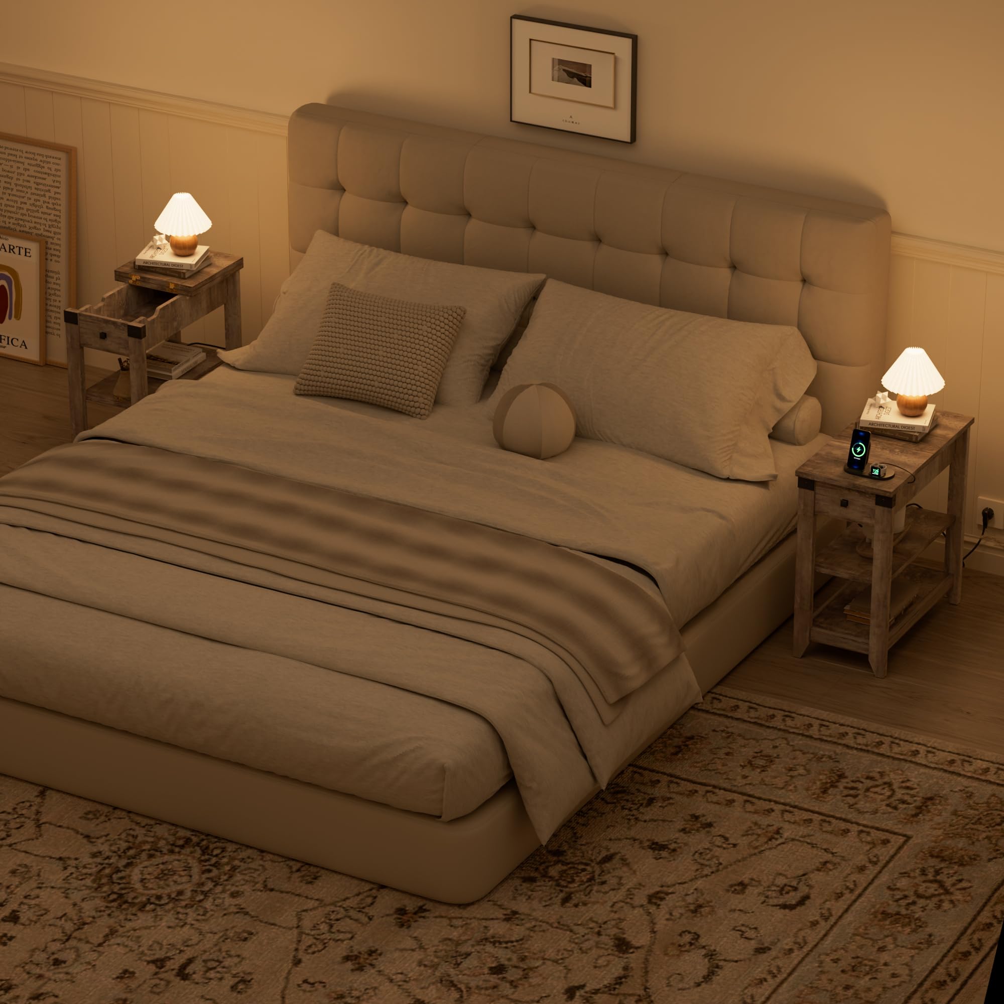 BonVache Set di 2 comodini, tavolino piccolo con funzione di ricarica, tavolino sottile con ripiano, cassetti, comodino per soggiorno, camera da letto, grigio