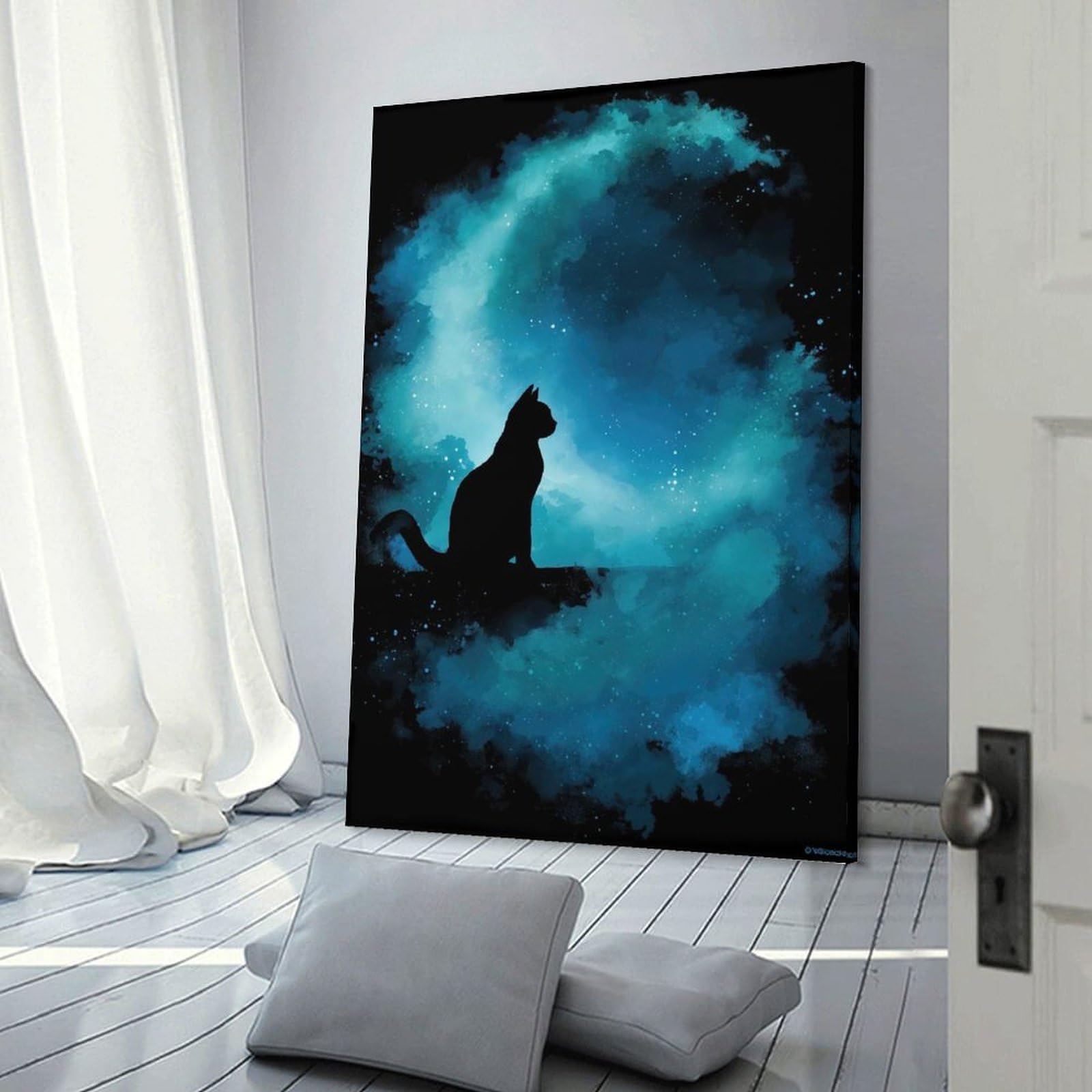 Junmoney Silhouette Cat Stargazing Canvas Art Print 20x30inch(50x75cm), for Front Hall, Corridor Or Welcome Spaces, Home Artwork for First Impressions
